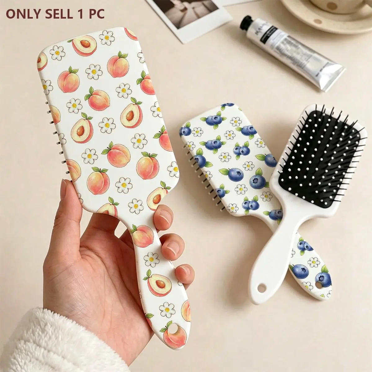 1pc Air Cushion Massage Comb, Peach Blueberry Flower Pattern, Anti-Static Smooth Hair Care, Home Use, Gift for Loved Ones