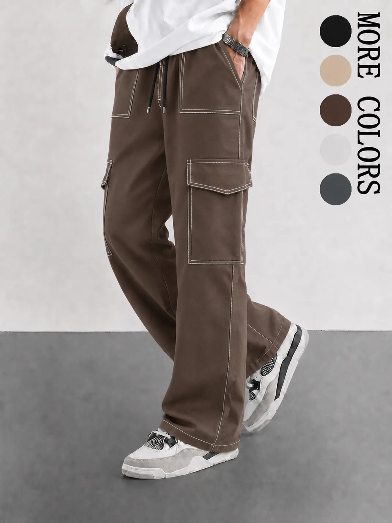 Men's Contrast Stitch Wide Leg Cargo Pants, Elastic Waist, Multi Pocket, Loose Fit, Geometric Pattern, Fall & Winter Streetwear