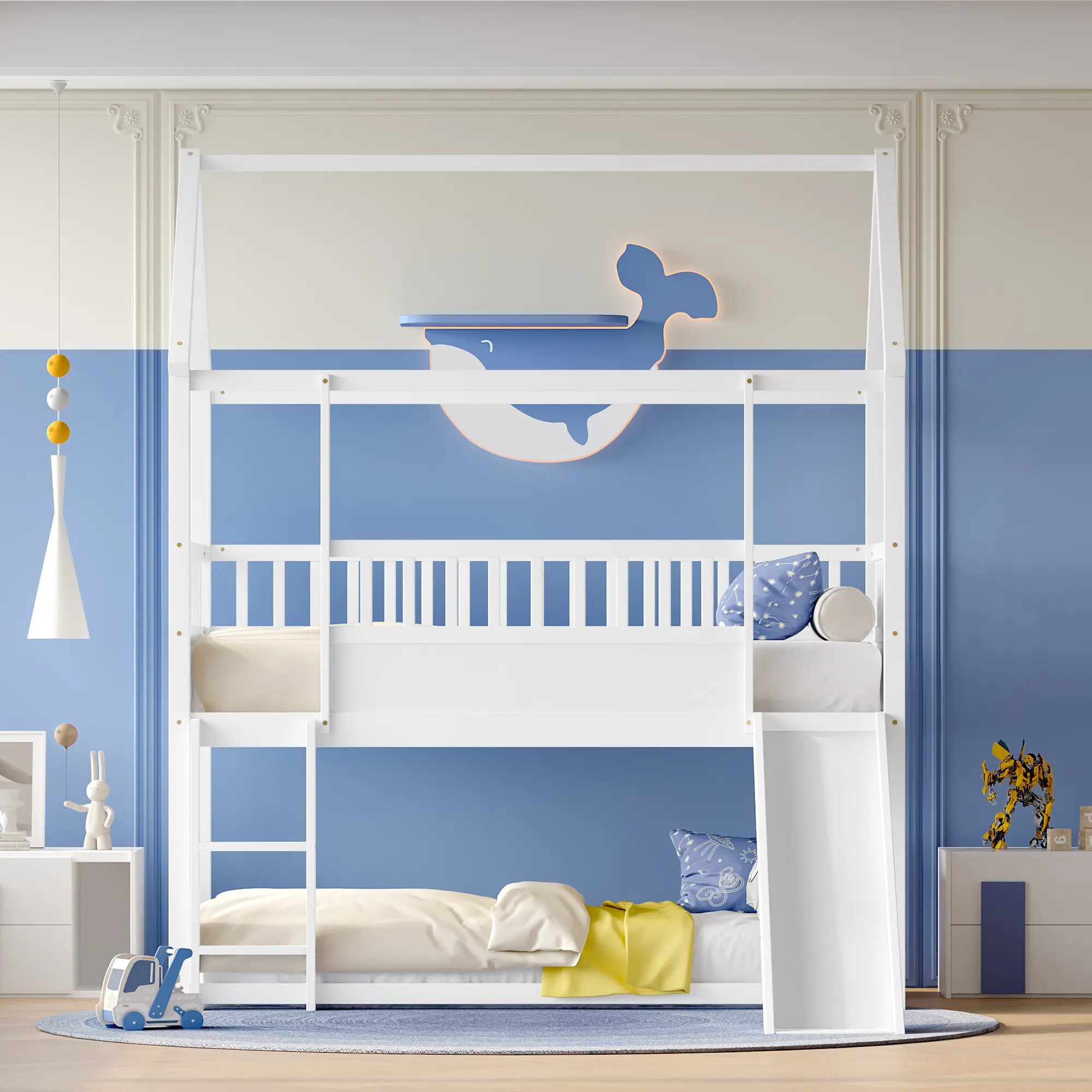 ARCH Twin Over Twin House Bunk Bed with Convertible Slide and Ladder, Floor Bunk Bed with Safety Guardrail, Wood Kids Bed Frame for Bedroom, Children's Sleeping Furniture, Space-Saving Design, Easy Assembly, Bedroom Furniture for Bedroom