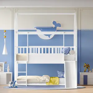 ARCH Twin Over Twin House Bunk Bed with Convertible Slide and Ladder, Floor Bunk Bed with Safety Guardrail, Wood Kids Bed Frame for Bedroom, Children's Sleeping Furniture, Space-Saving Design, Easy Assembly, Bedroom Furniture for Bedroom