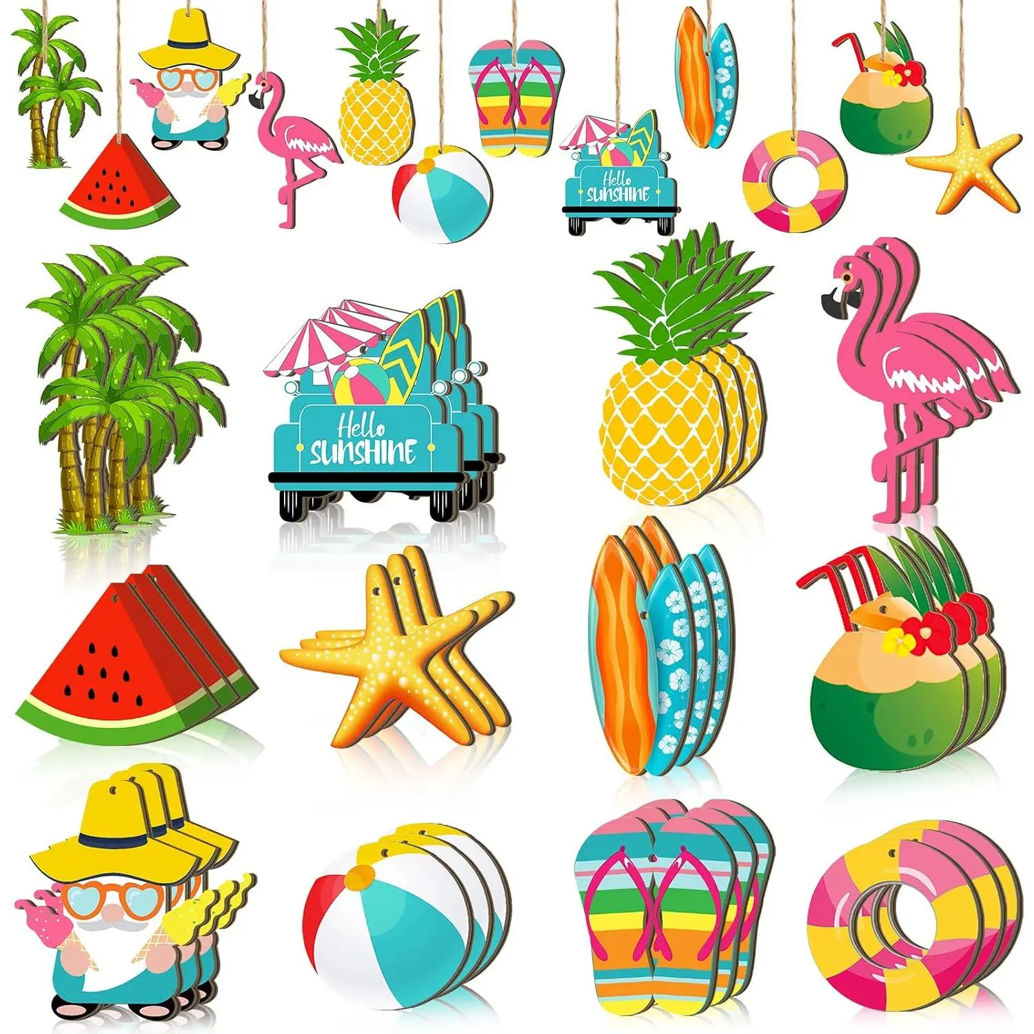 36 count Summer   Ornaments for Tree Christmas in July Mini Tree Decorations Hawaiian Beach Wooden Pendant Decorations with String for Luau Party Supplies(Classical)