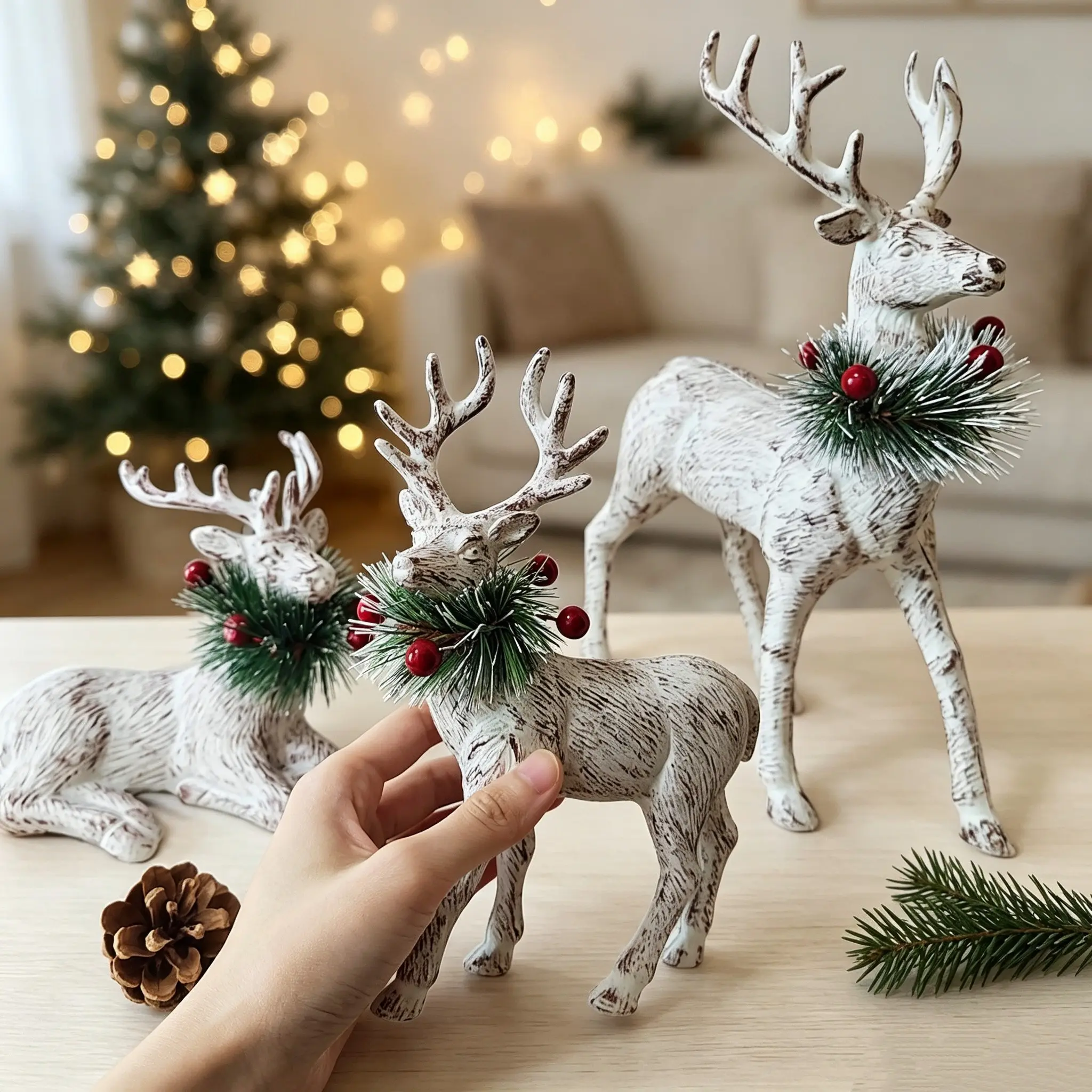3PCS  Farmhouse Durable Plastic Christmas Reindeer Figurines Ornaments, Vintage Distressed Sitting & Standing Tabletop Deer 6.3"-12.6" Tall with Berry & Pine Branch - Tiered Tray Coffee Table Entryway Shelf Mantel Decor, Christmas Decorations
