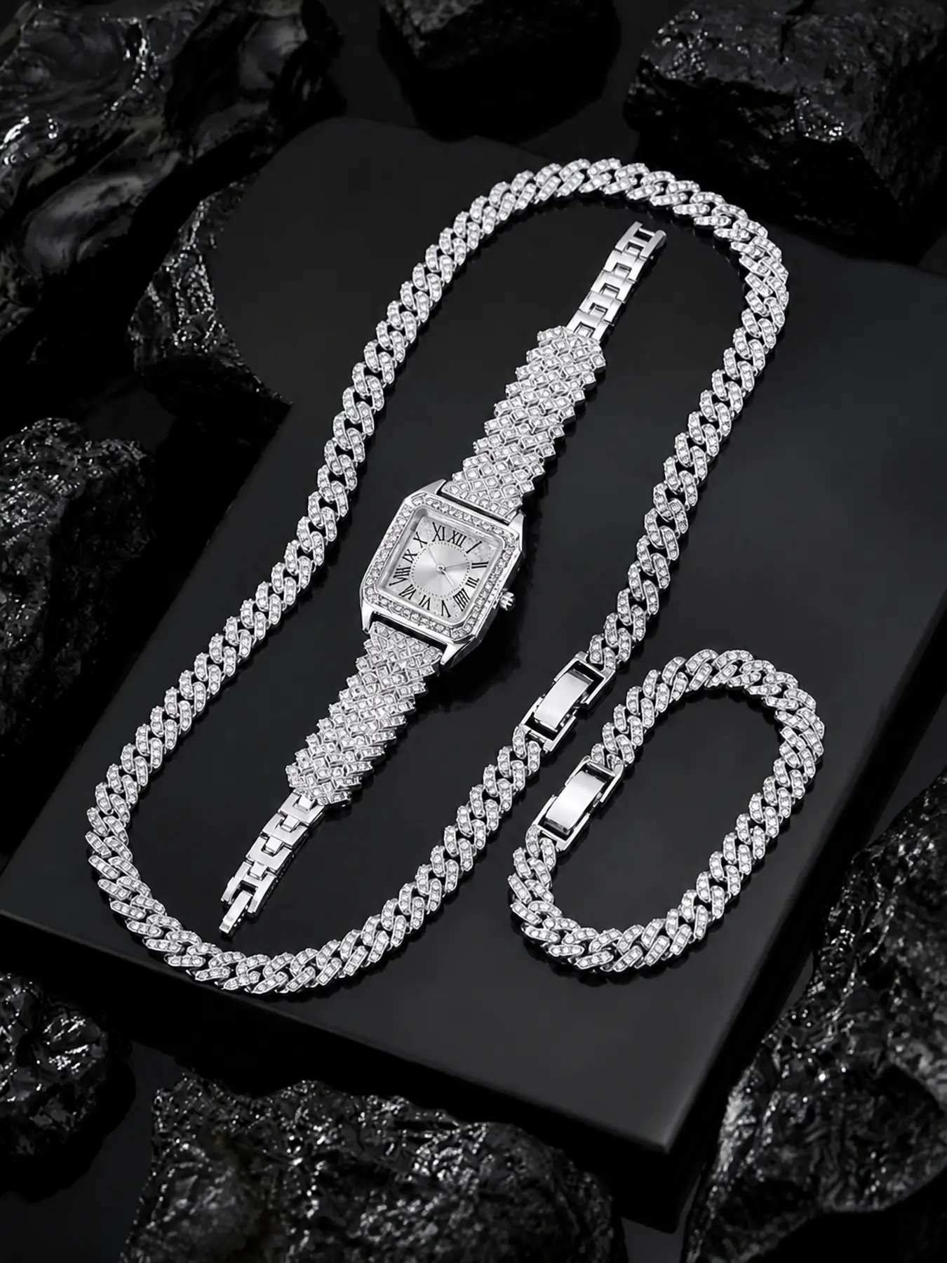 Diamond-studded square watch with Cuban link jewelry set, Fashionable Jewelry Set, vintage American hip-hop style accessories, unisex, ideal for everyday streetwear and party outfits, birthday or holiday gift