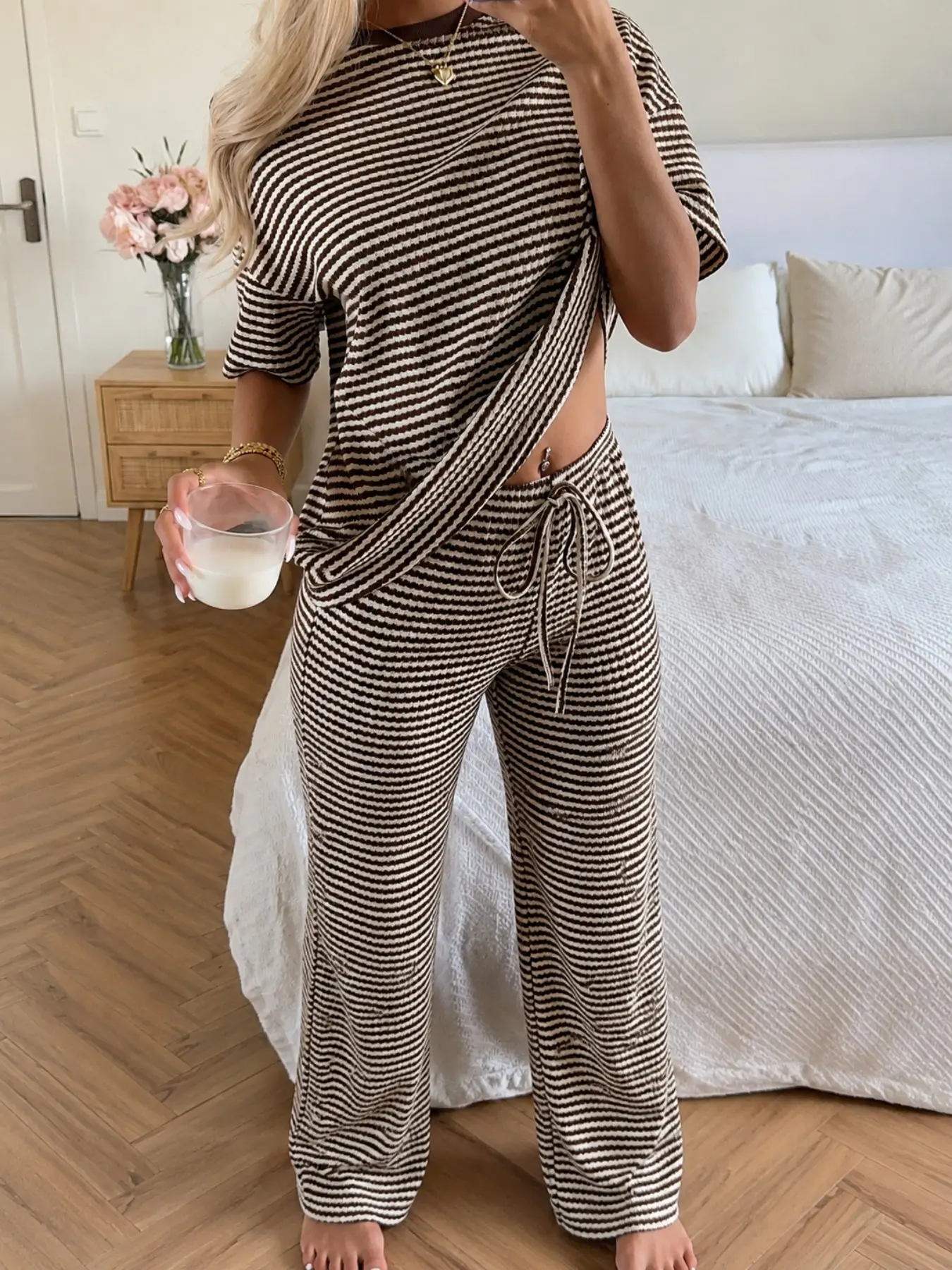 Striped Loose Fit Short Sleeve T-Shirt and Drawstring Wide Leg Pants Set, Casual Home Wear, All Seasons, As26059