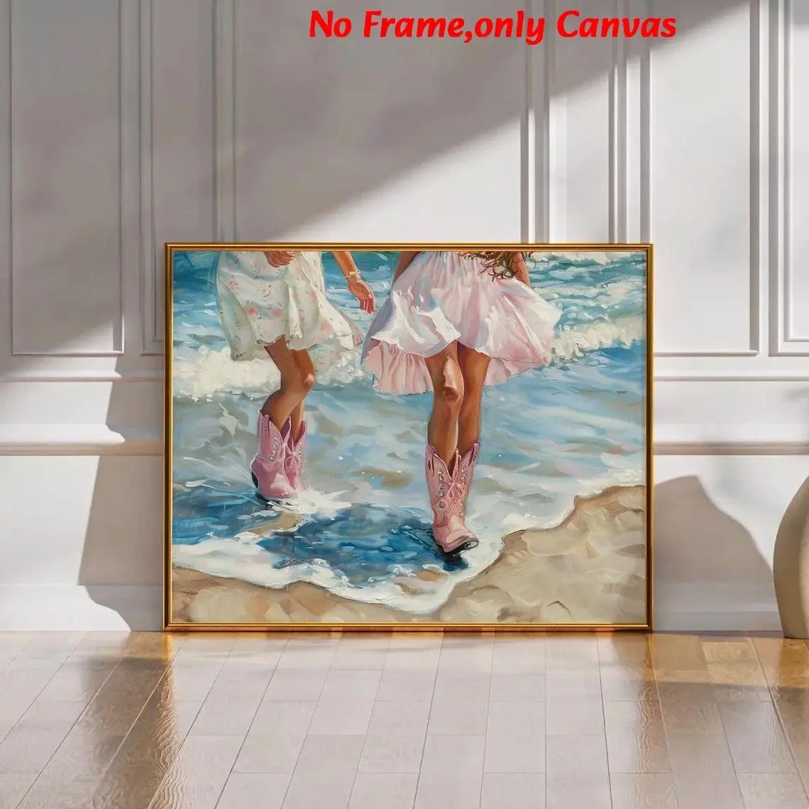 2D Flat 1pc Unframed Canvas Poster,pink Preppy Cowboy Boots Art Print, Girly Trendy Ocean Coast Canvas Painting,Poster Print, Artwork Wall Painting for Gift, Bedroom, Office, Living Room, Wall Decor, Home Decoration, Gift for Valentine's Day