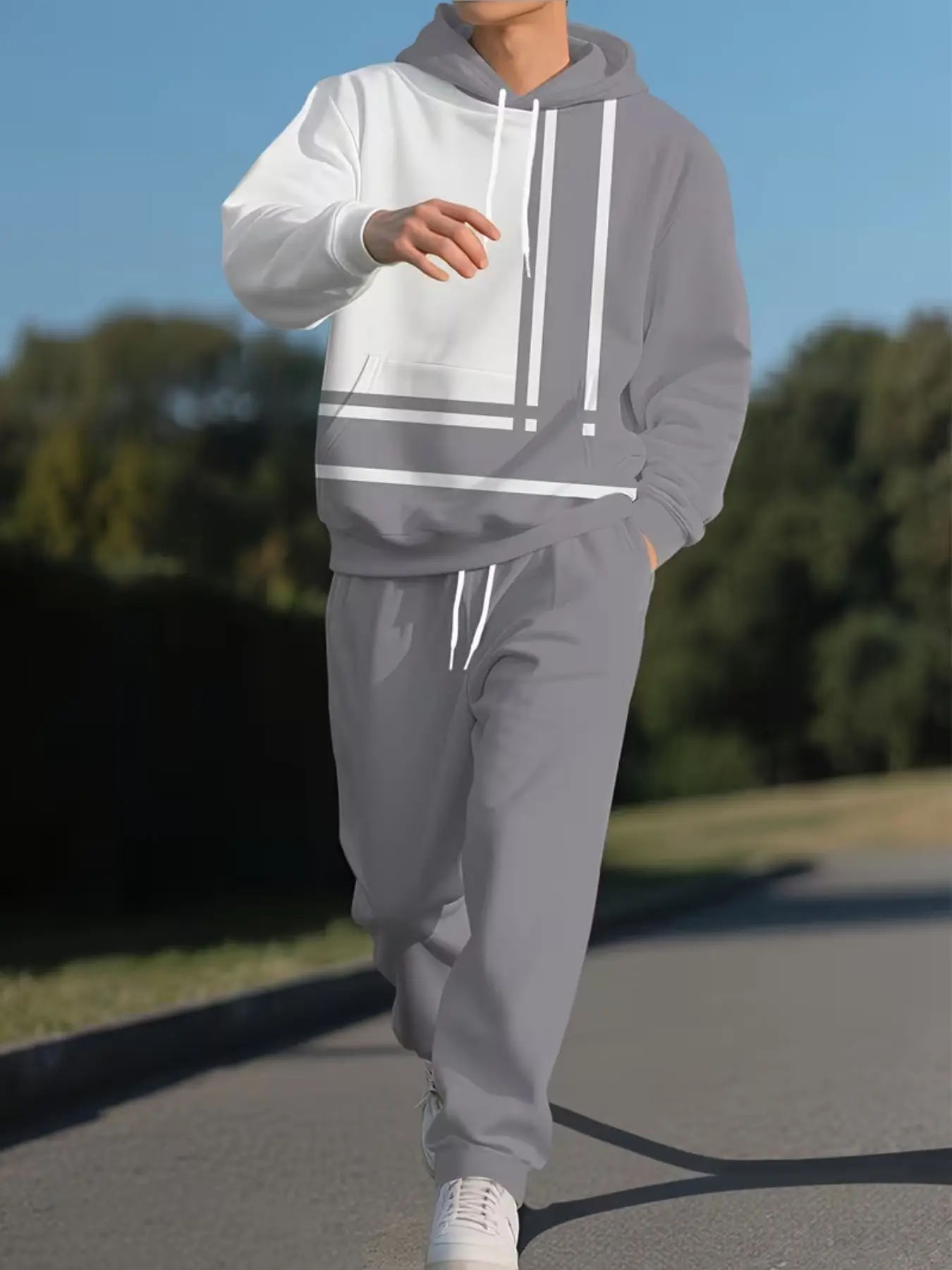 Blue Patchwork Full Print Hoodie + Sport Pants Set, Letter Signature Print, Casual Long Sleeve, Fall & Winter