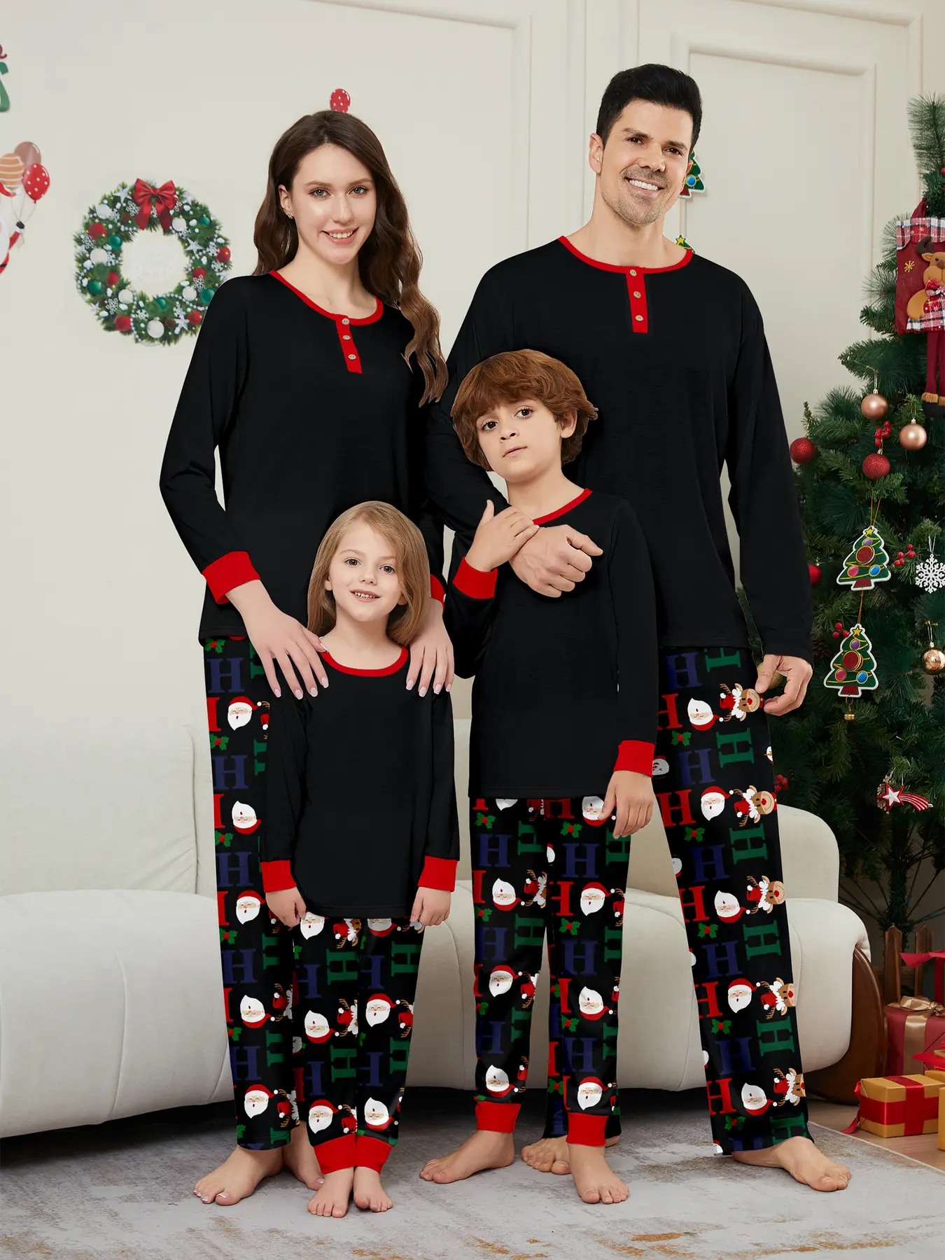 Family Matching Christmas Pajamas Set of 4 with Santa Hat Letter Print, Long Sleeve Top & Jogger Pants Two-piece Loungewear with Red Contrast Cuffs, Made of Soft Skin-friendly Breathable Knit Fabric. Ideal for Christmas Family Photoshoots, Holiday Party O