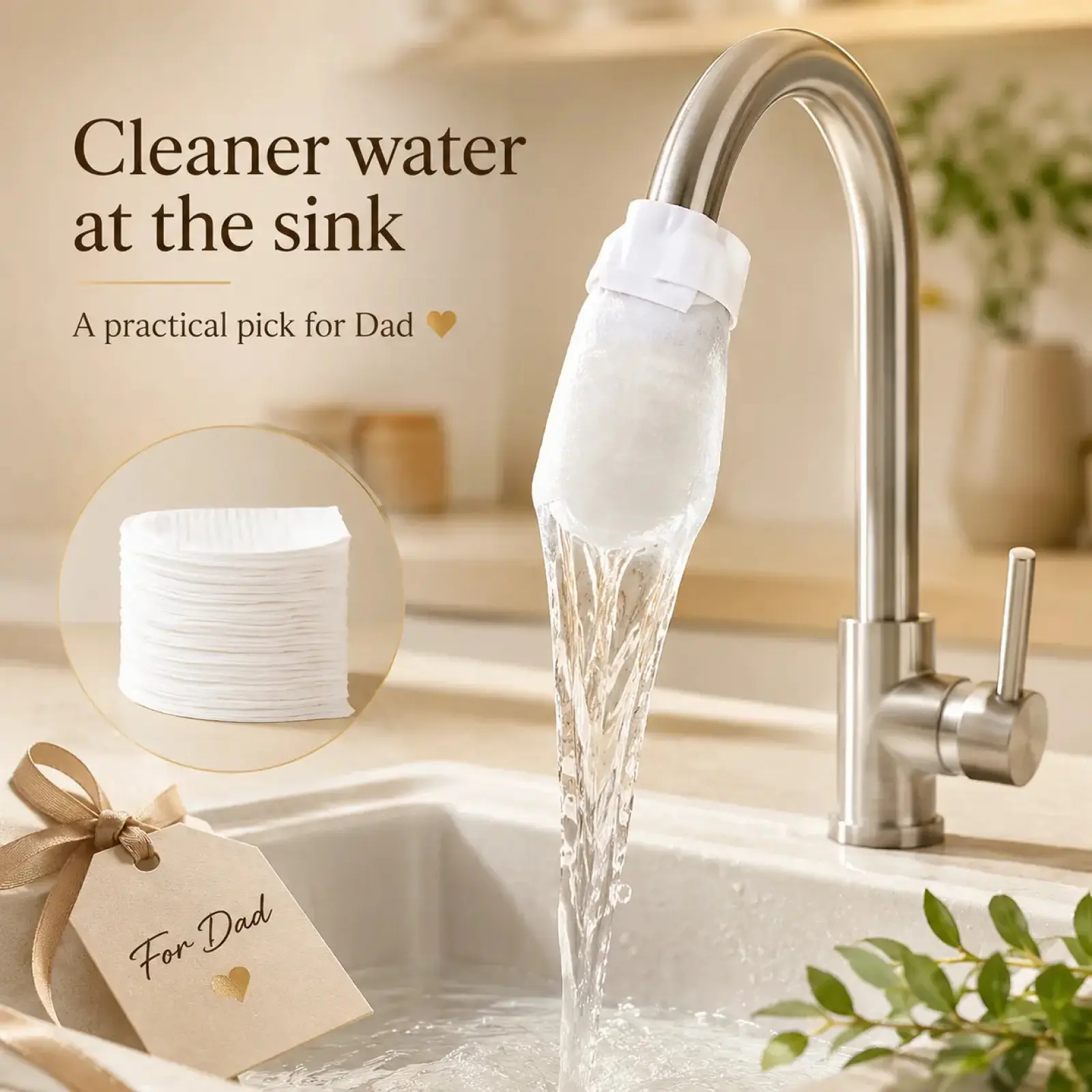 Faucet filter replacement pad, universal sink faucet water purifier filter refill pack, with installation strap, disposable faucet splash preventer, suitable for kitchen and bathroom sinks.