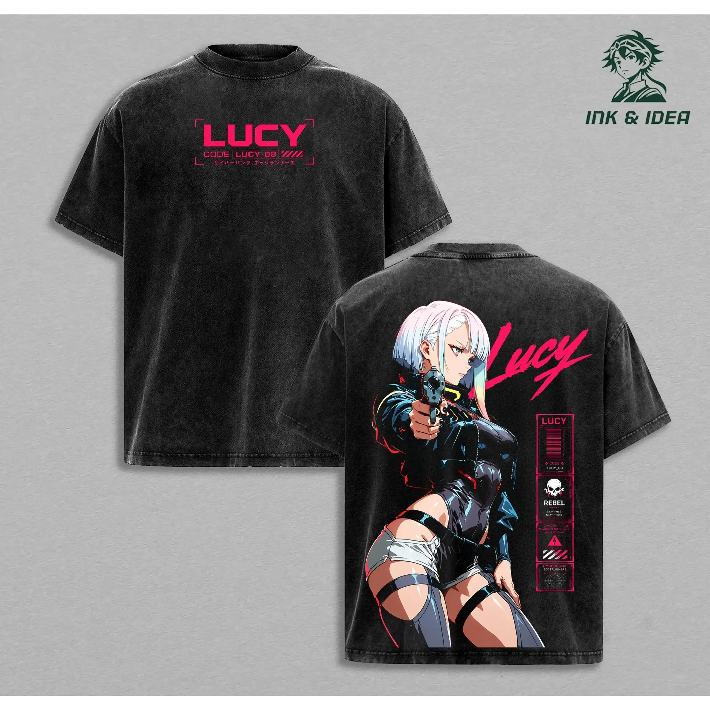 Lucy Cyberpunk Edgerunners Vintage Washed Anime Tee Neon Night City Graphic Shirt Futuristic Cyber Warrior Oversized Heavyweight Cotton T-Shirt Anime Streetwear Unisex Apparel Gift for Cyberpunk Fans Sci Fi Gamers and Edgerunners Collectors