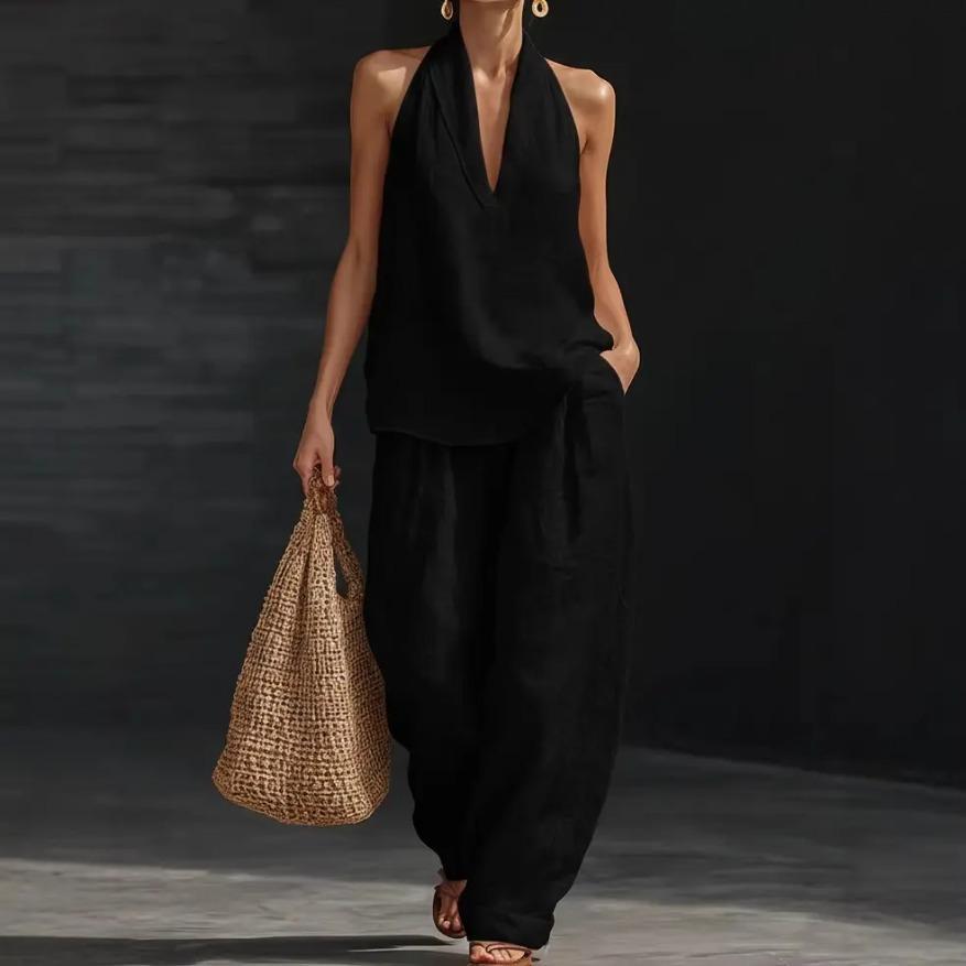 Summer Bohemia Linen Set for Women - Halter Neck Sleeveless Top & Loose Wide Leg Pants, Beach Vacation Brunch Casual Outfit
