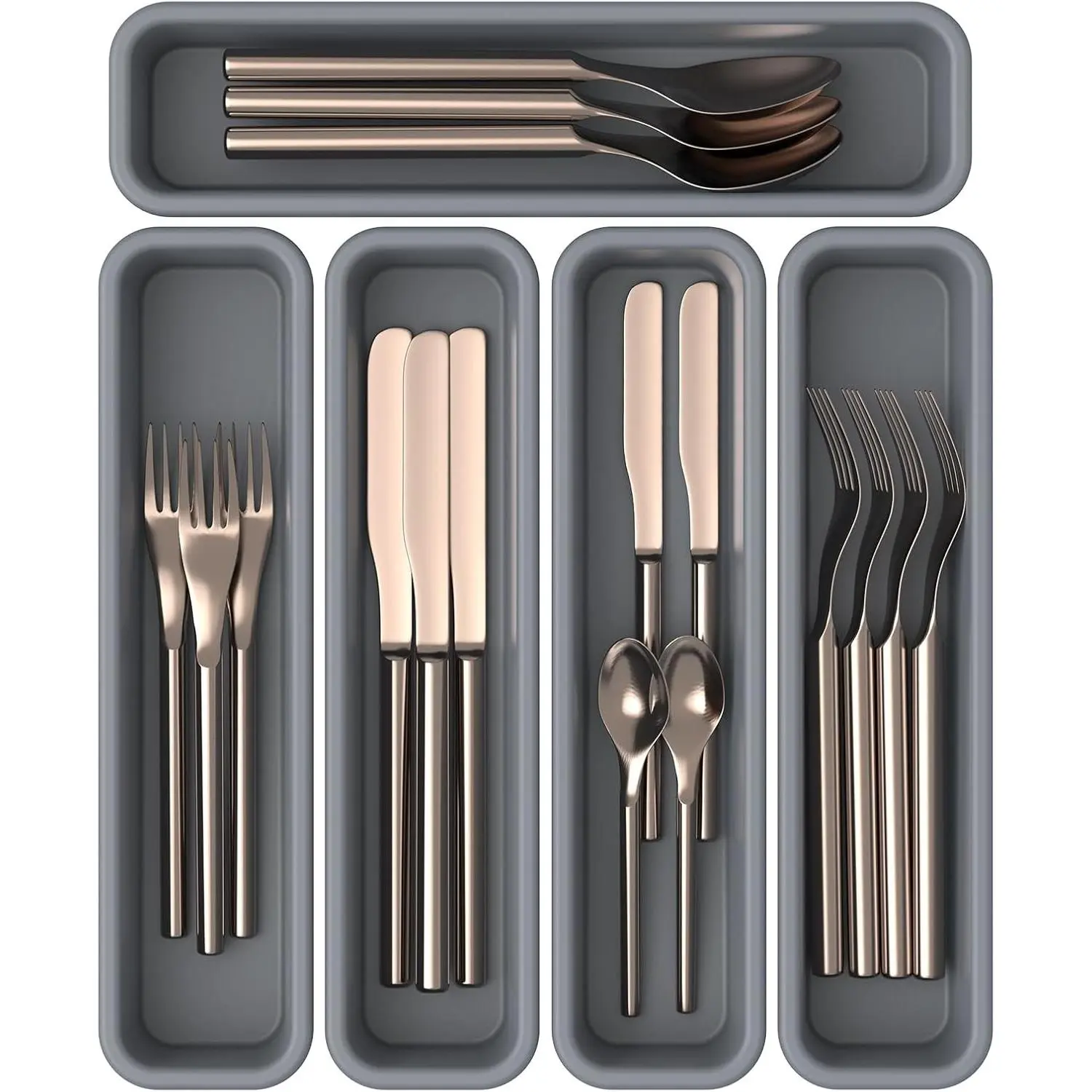 5 Pack Silicone Drawer Organizer for Kitchen, DIY Free Combination Silverware Organizer, Utensil Drawer Organizer, Moisture-proof and Heat-resistant up to 200°C, Anti-slip Design (Grey)