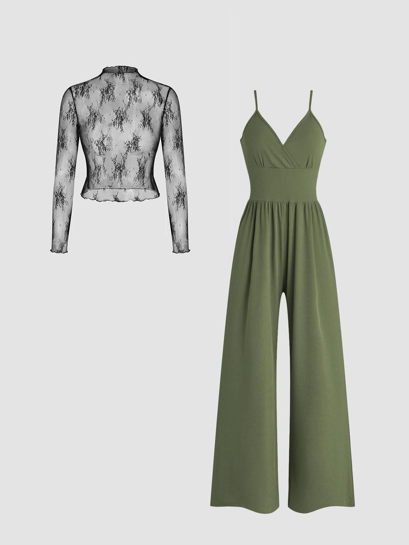 Valentine's Day Two-piece Set Women's Solid Color Lettuce Trim Mock Neck Sheer Lace Top & Pocket Wide Leg Cami Jumpsuit, Elegant Fashion Casual Two Piece Outfits for Daily Outdoor Wear, Women Clothes for Spring Fall