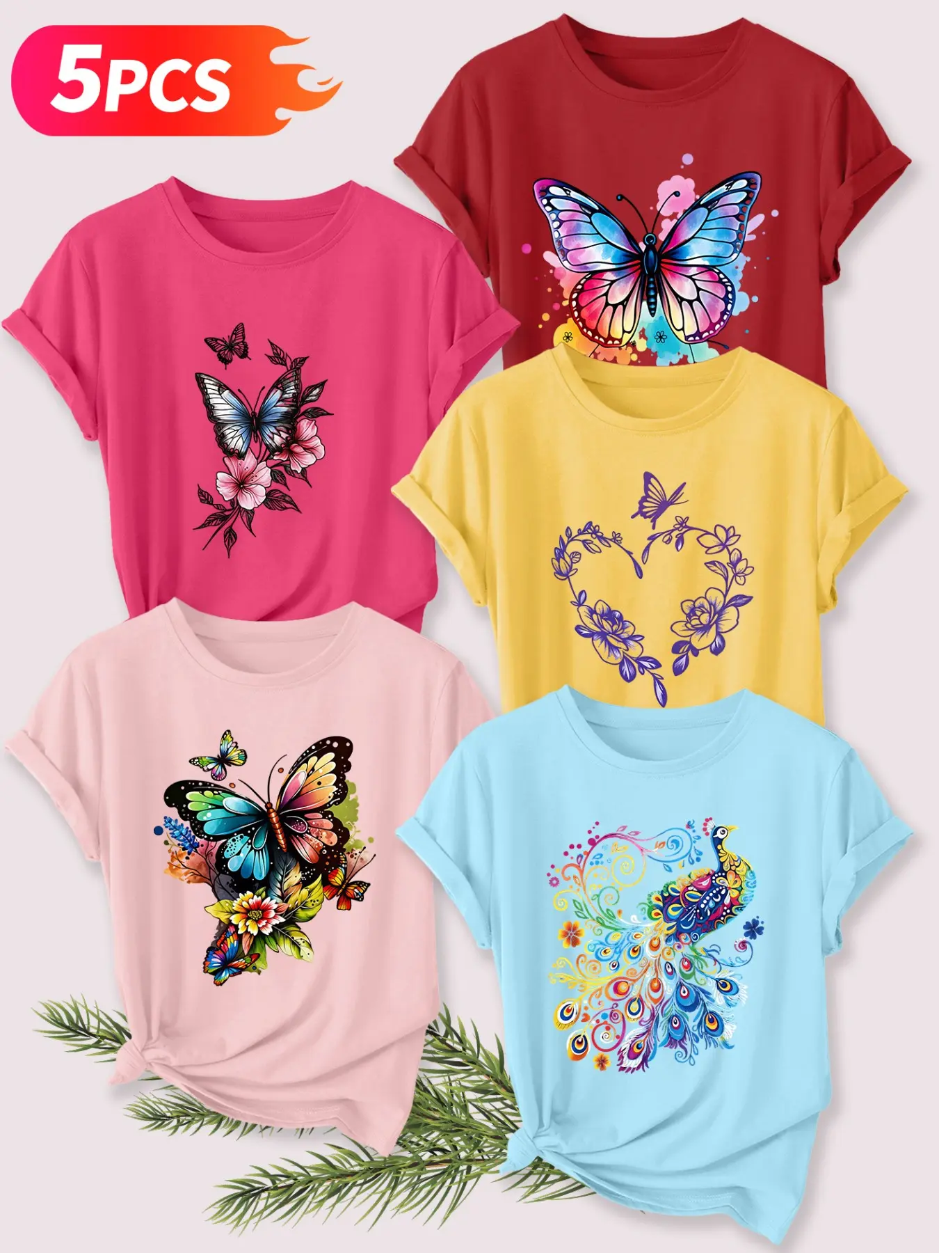 5Pcs Women Crew Tee, Round Neck, Colorful Butterfly Peacock Floral Art Print, multi-color washable soft tee
