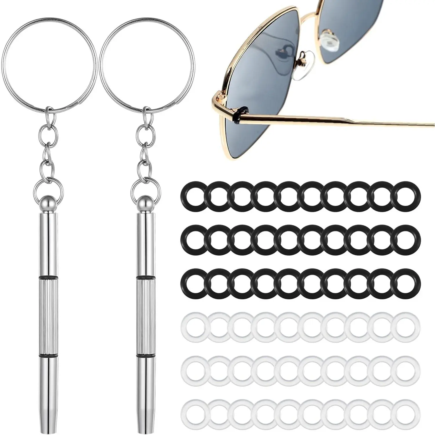 60 count Eyeglass Hinge Tighteners, Eyeglass Repair Kits and 2 count Screwdrivers  Eyeglasses Frame Grips for Loose Temple Arms