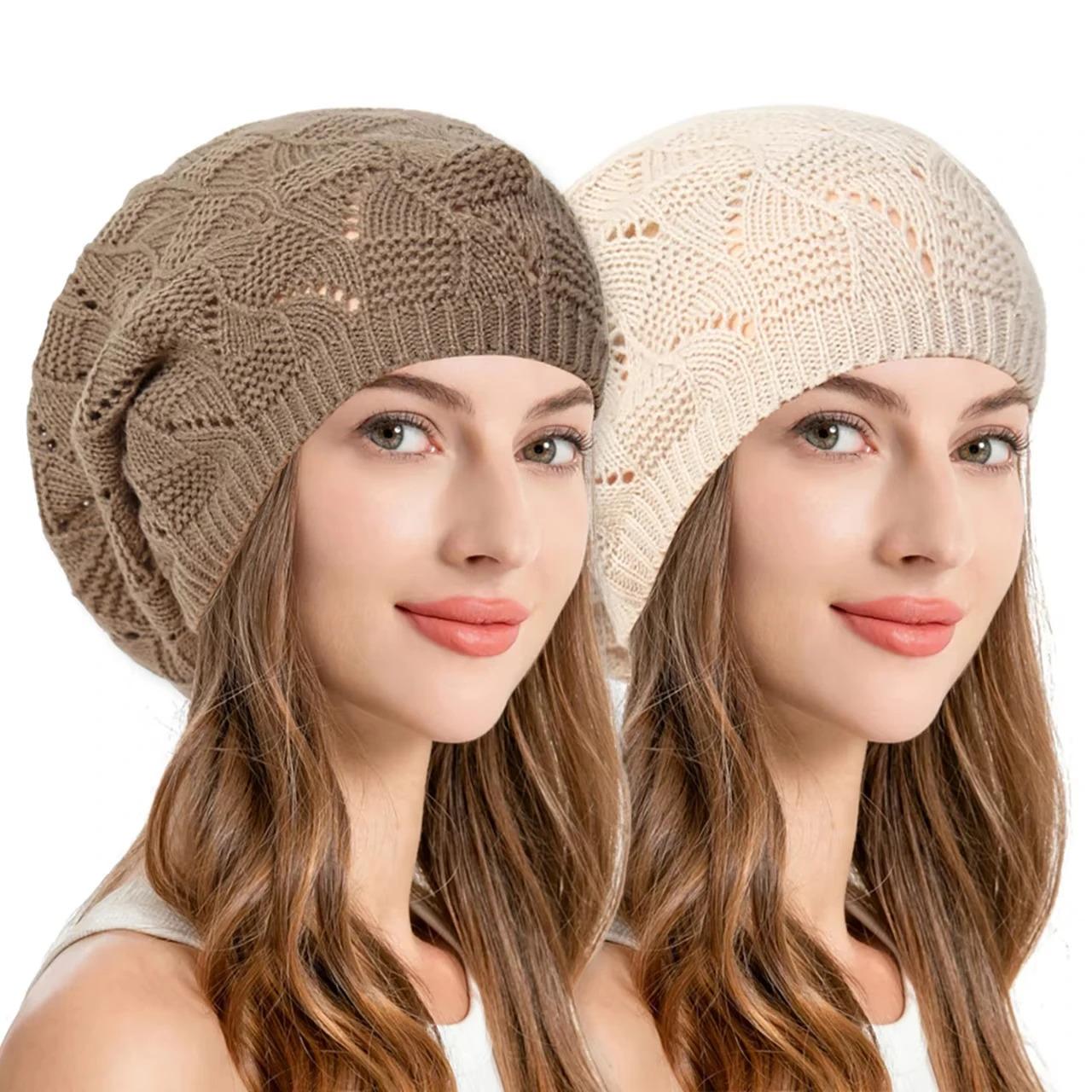 Women Hollow Out Knitted Beret Hat Spring Autumn Elastic Crochet Beanies for Lady Casual Solid Color Painter Artist Caps