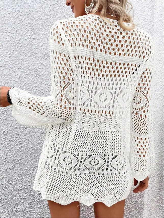 Women's Solid Color Hollow Out Tie Front Crochet Cardigan, Casual Long Sleeve Knitwear for Summer, Fashion Women's Knit Clothing for Daily Wear, Knitting, Summer Cardigan Women, Beach Cover Up, Lightweight Knit Top, Boho Crochet Sweater, Vacation Outfit