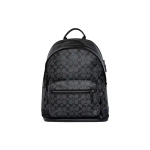 COACH West 35 Classic Zip-Top Large Capacity Monogram Coated Canvas and Calfskin Backpack for Men, Black