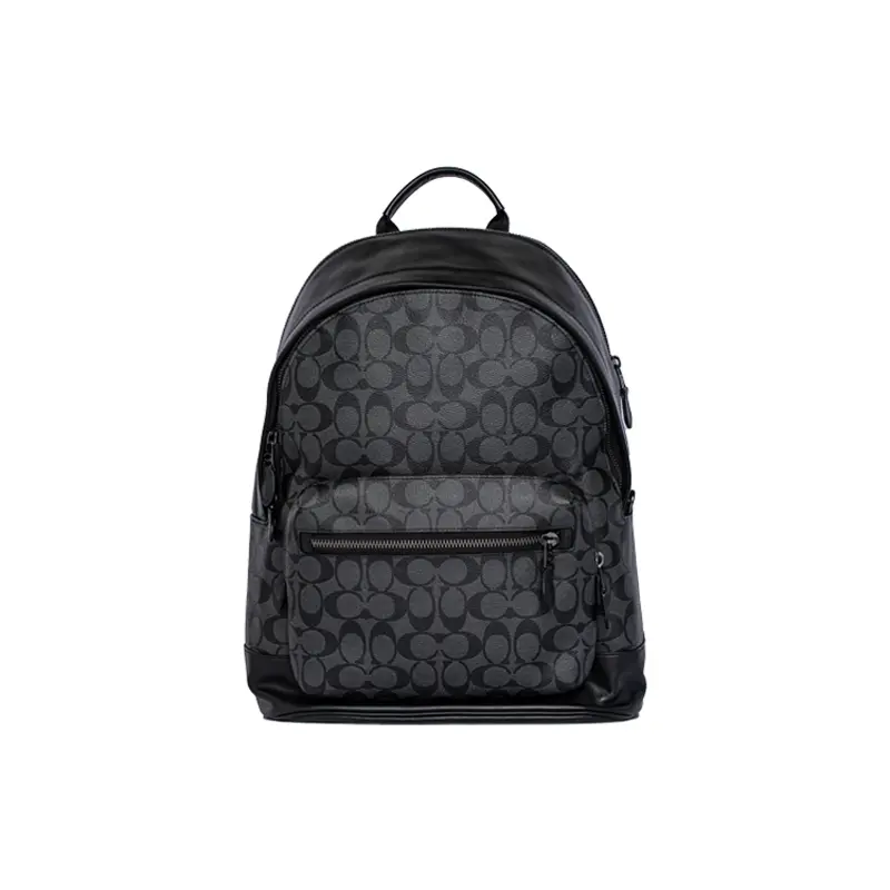 COACH West 35 Classic Zip-Top Large Capacity Monogram Coated Canvas and Calfskin Backpack for Men, Black