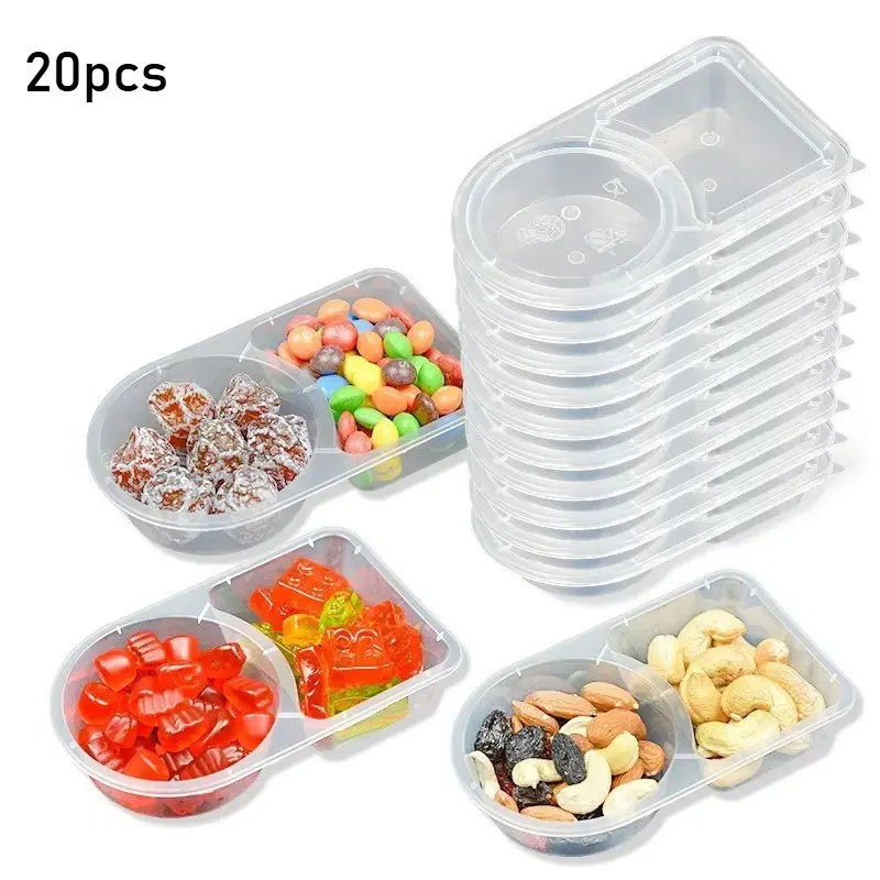20-Pack Plastic Snack Containers, Double Compartment Design with Lids, Ideal for Meal Prep & Portion Control, Perfect for Travel Snacks