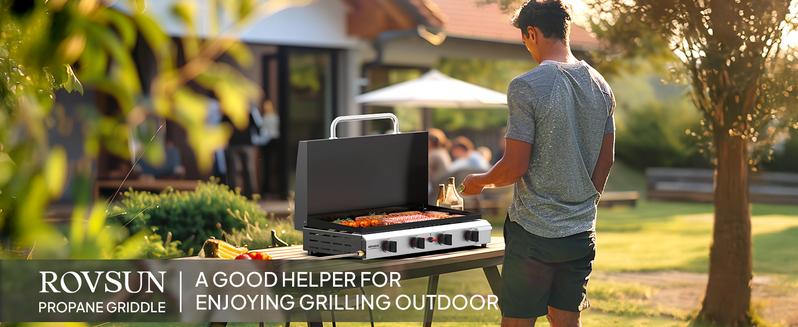 ROVSUN 2/4 Burner Portable Propane Griddle with Enameled Tray & Lid, 20000/40,000 BTU Tabletop Flat Top Gas Grill with Electronic Ignition & Regulator for Outdoor Cooking Camping BBQ Tailgating