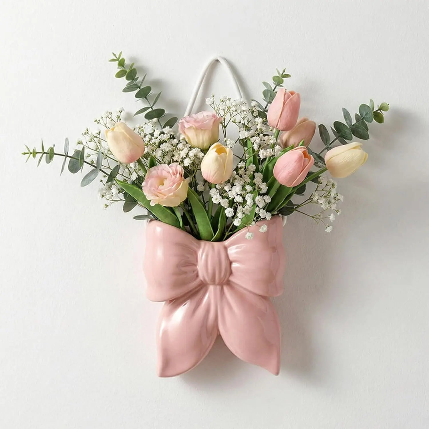 Ceramic Bow Vase, Coquette Wall Decor & Hanging Planter for Flowers & Dried Florals, Cute Flower Vase with Bow for Home Office Bedroom Living Room, Pink Ceramic Wall Decor Gift
