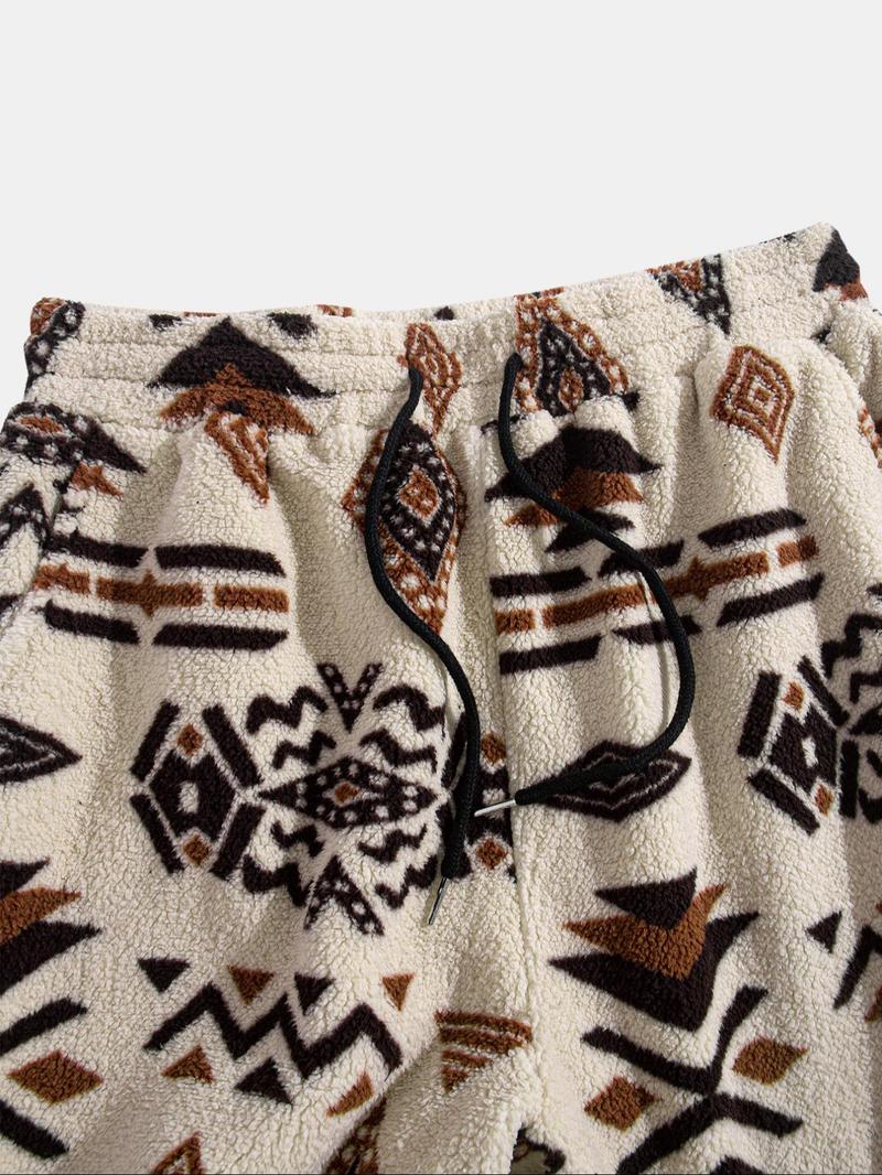 Men's Random Ethnic Pattern Drawstring Waist Thermal Pants, Loose Casual Pocket Design Bohemian Street Trousers for Fall & Winter, Men's Bottoms for Daily Wear