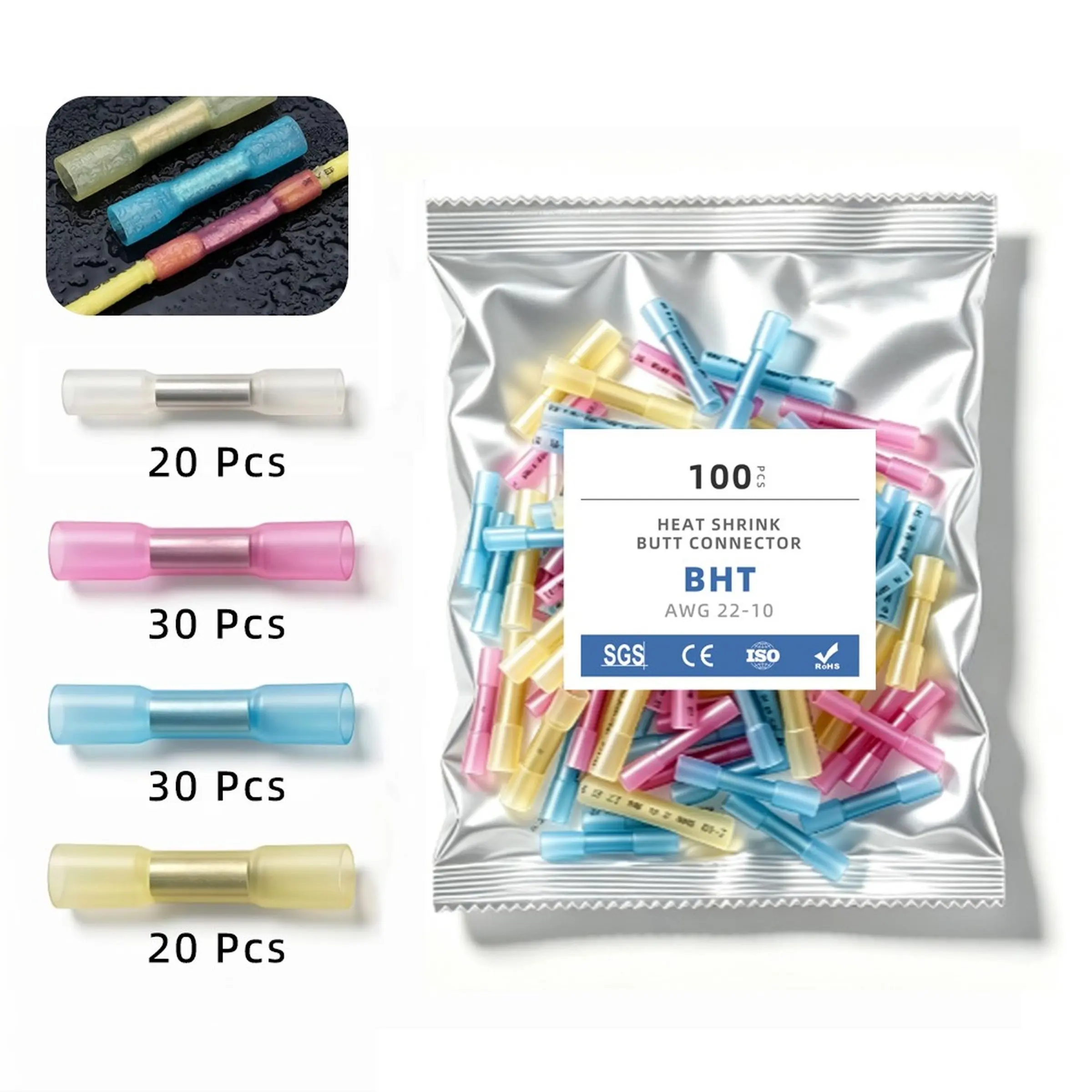100pcs Heat Shrink Butt Connectors Kit, Waterproof Crimp Wire Connectors, Electrical Butt Splice Terminals, Automotive Marine Repair Awg 22-10