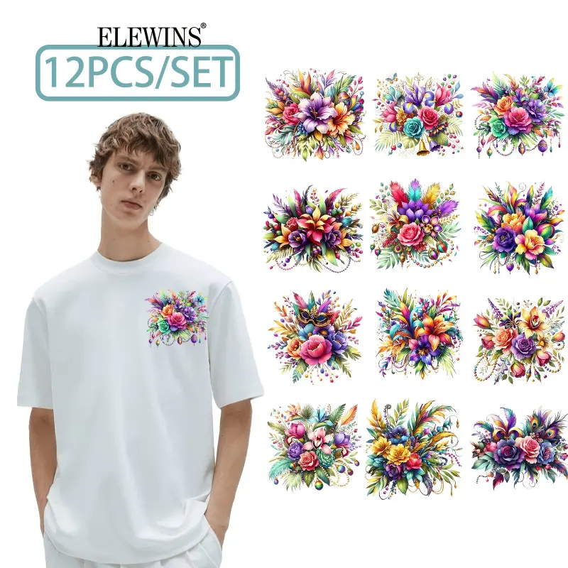 12-Pack Colorful Carnival Flower Iron-On Patches - Vinyl Fabric Heat Transfer Stickers, Suitable for T-Shirts, Jeans, Hats, Bags, and Backpacks - No-Sew Easy-Peel Clothing Decorative Appliques