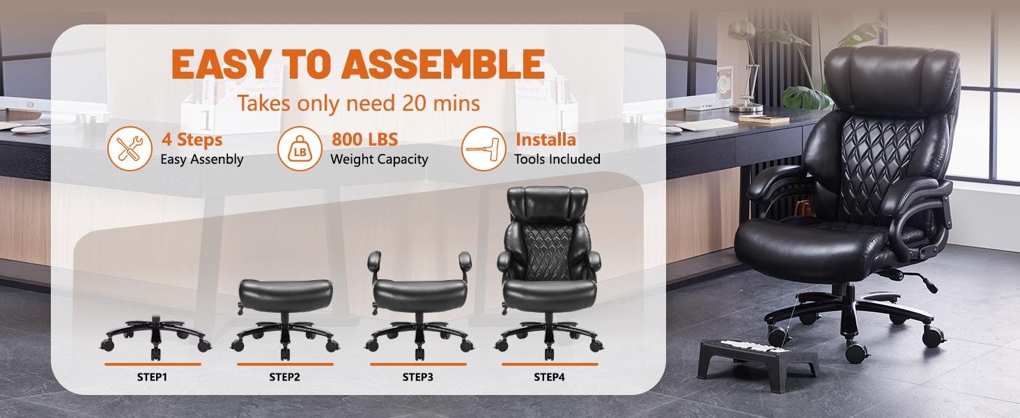 ARCH 800LBS Heavy Duty Office Chair & Massage Footrest Big & Tall Executive Chair with Adjustable Lumbar Support, PU Leather, Extra Wide Seat for Comfort