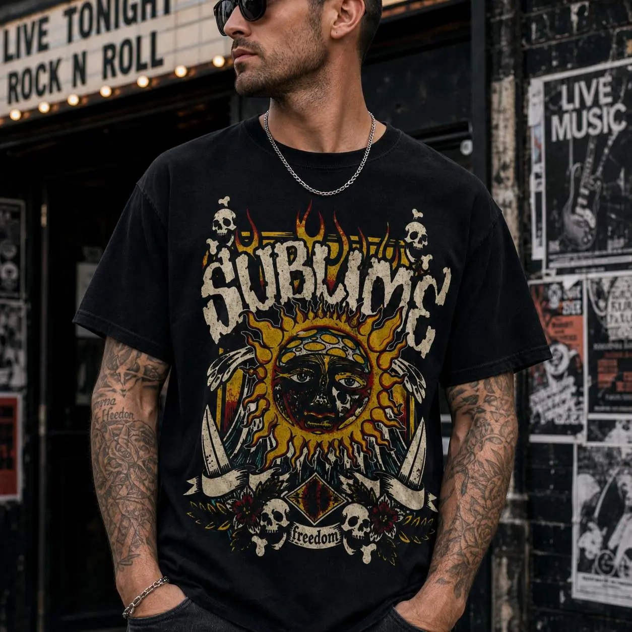Sublime Sun Skull Washed Graphic Tee, Unisex Oversized Short Sleeve Shirt for Streetwear