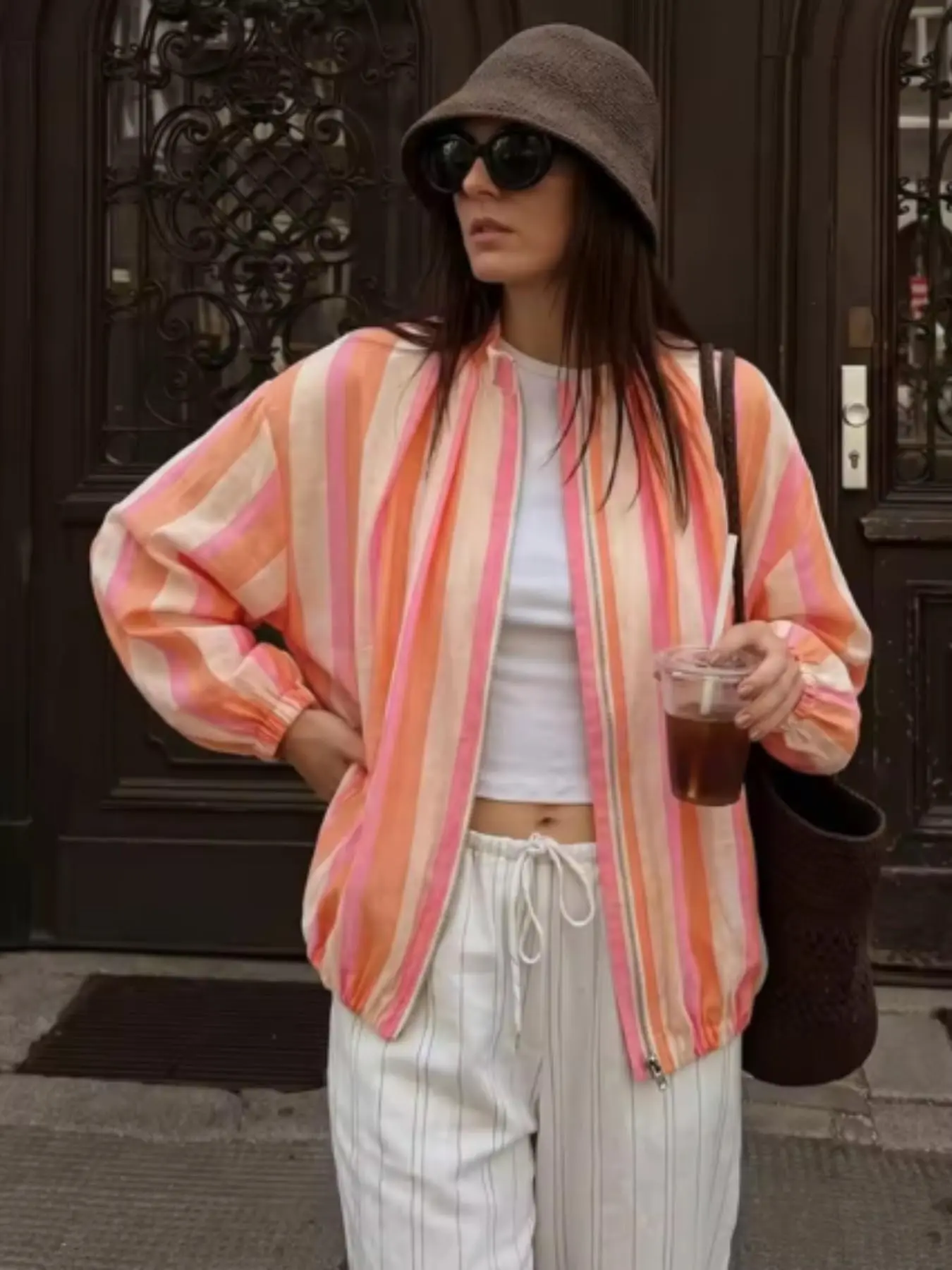 Women's Spring Summer Striped Bright Color Contrast Lightweight Zipper Jacket with Pockets, Casual Elegant Streetwear Pilot Coat