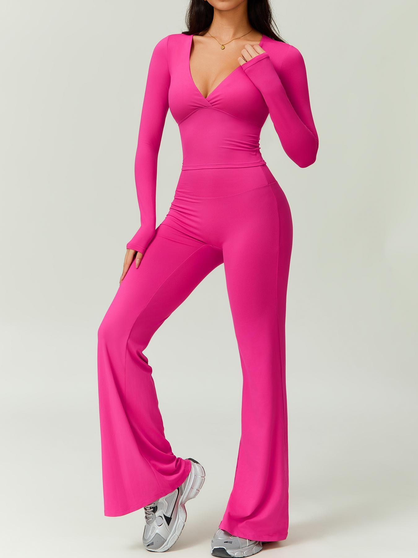 Women's Patchwork High Elastic Deep V-Shaped Collar Detachable Chest Pad Long Sleeve Oblique Waist Slim Fit Flared Pants Yoga Clothes suit Sweatsuit Set Outdoor Running Cycling Walking Gym Sports Training Workout Set Athleisure Wear Set