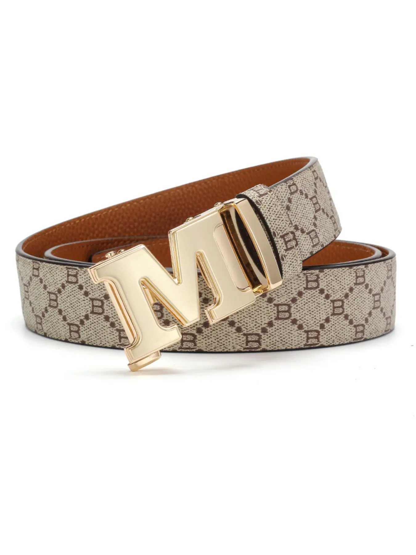 Men Ratchet Belt, Hollow Letter M Zinc Alloy Buckle, Printed PU Leather Strap, Adjustable Business Casual Waist Belt, No Hole Design, Casual Style Belts