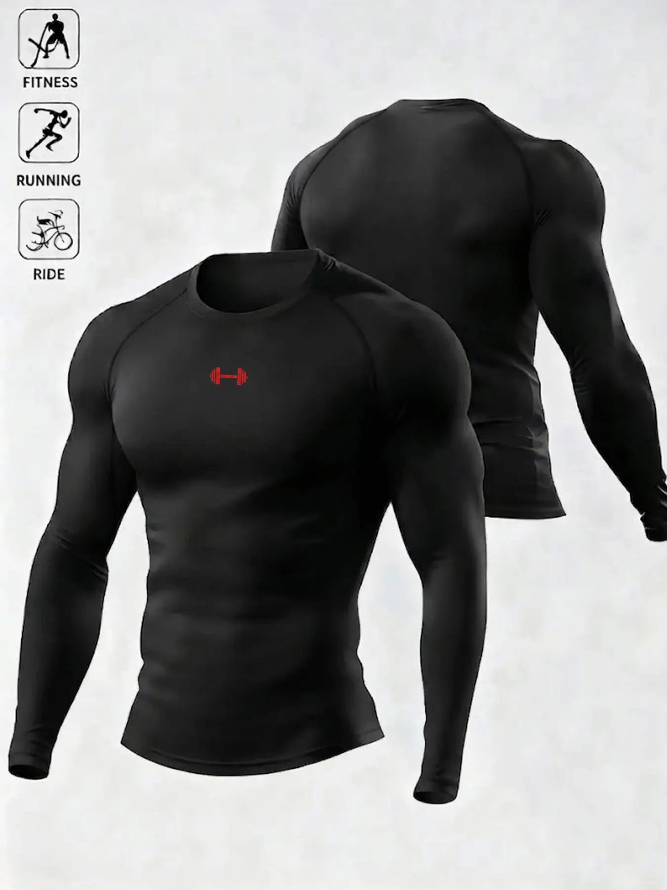 Men Dumbbell Graphic Compression Long Sleeve Shirt Quick Dry Breathable Muscle Fit Athletic Base Layer, Versatile Athleisure Top For Gym Workout Running Cycling Light Outdoor Hiking, Stretch Moisture Wicking Streetwear Fitness Tee All Season Multi-Wear