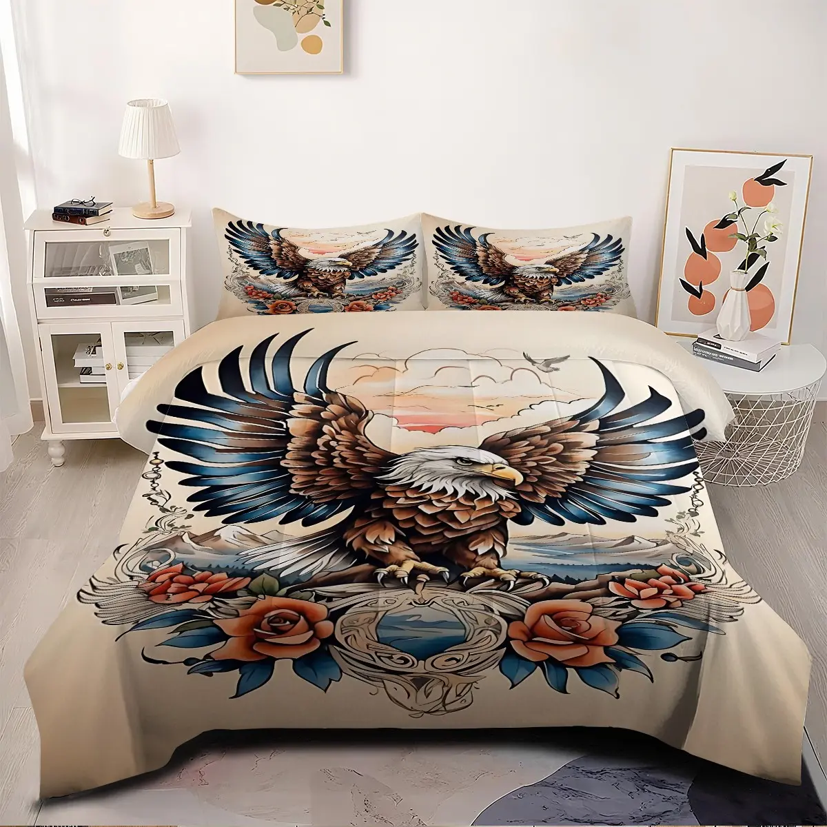 2/3Pcs Tattoo Art Eagle and Floral Print Comforter Set, Retro Sunset and Mountain Bedding Set, Soft and Warm Quilt, Quilted Design, Suitable for Men'S Lounges, Farmhouses and Bedrooms (Pillow Insert Not Included).
