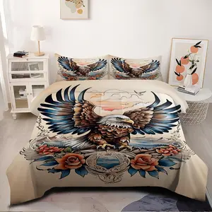 2/3Pcs Tattoo Art Eagle and Floral Print Comforter Set, Retro Sunset and Mountain Bedding Set, Soft and Warm Quilt, Quilted Design, Suitable for Men'S Lounges, Farmhouses and Bedrooms (Pillow Insert Not Included).