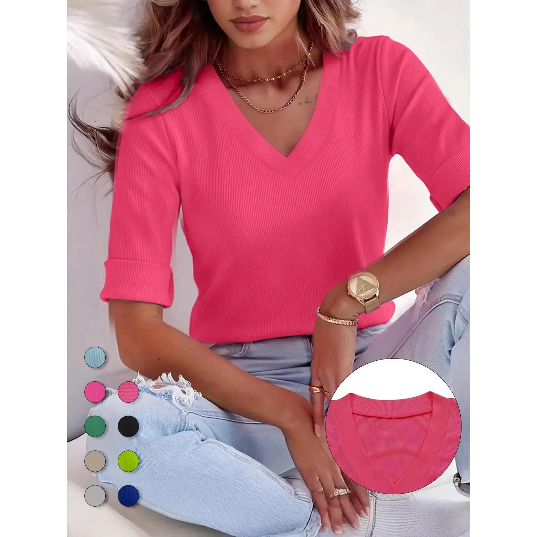 Plus Size Solid V Neck Roll Up Sleeve Tee, Casual Streetwear Fitted Soft T-shirt , Women's Plus Clothing for Daily Wear, Cute Aesthetic Tops, Quality and Durability, Jersey, Womenswear