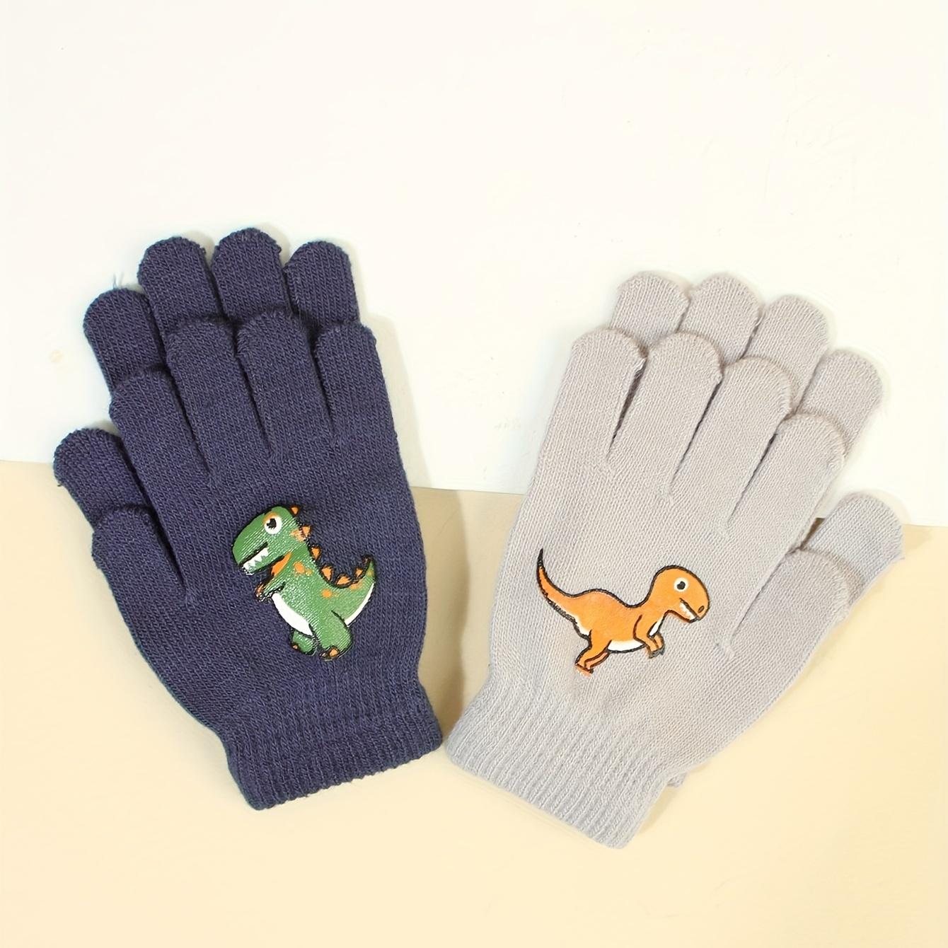 2 Pairs Youngsters' Winter Gloves with Cartoon Dinosaur Print - Warm Fingerless Mittens for Boys & Girls, Beige & Navy Blue, Machine Washable, Perfect for Fall & Winter, Youngsters Winter Gloves, Fall Winter Gloves, Playful Design, Durable Youngsters Glov