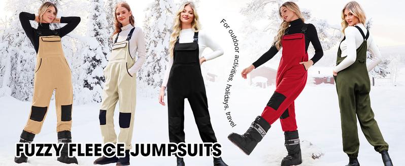 Yousify Women's Army Green Fleece Warm Overalls Winter Casual Jumpsuits with Pockets Ski Bibs Snow Pants S-2XL Basic Fitted Minimalist Sleeveless Strap Strappy Womenswear