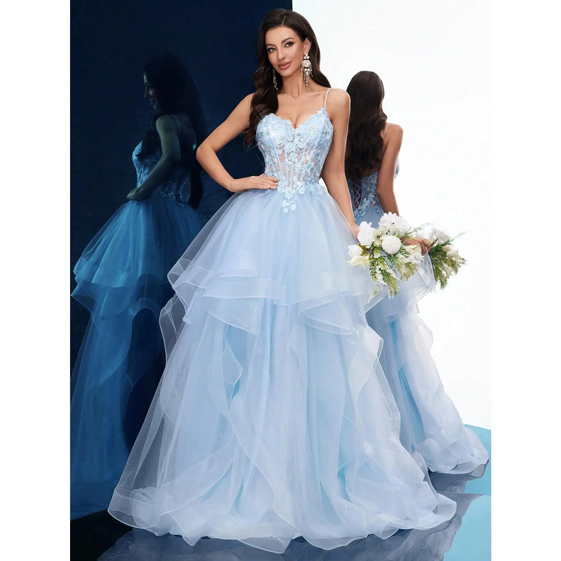 Sweetheart Spaghetti Strap Lace Up Back Multi-Layer Tulle Gown, Tiered Ruffle A-Line Floor Formal Dress For Wedding Ceremony