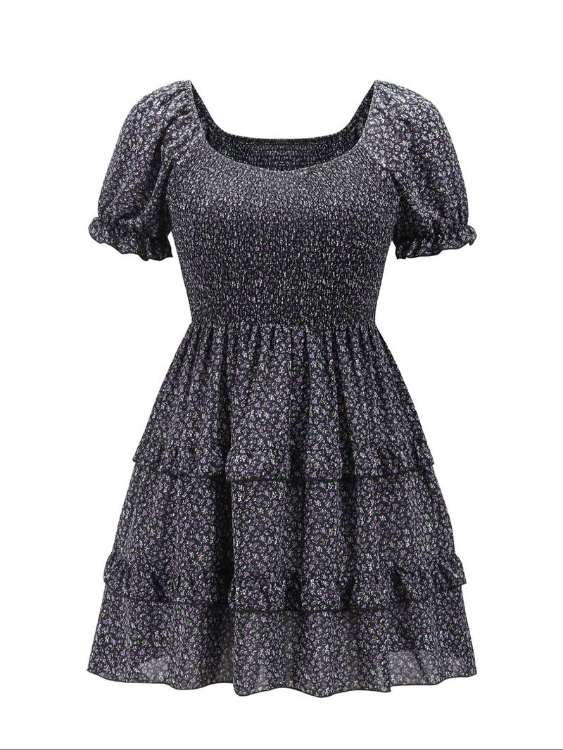 【Plus Size】 Floral Print Frill Trim A Line Dress, Boho Puff Sleeve Shirred Dress for Beach Holiday Vacation, Women's Clothes for Summer