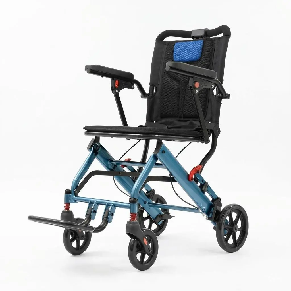 GAOMON Lightweight Collapsible Transport Wheelchair for Seniors & Adults - Wide Aviation Aluminum Frame, 10" Shock-Absorbing PVC Rear Wheels, Comfortable PVC Seat, Two-Stage Brake Lock - Color: Navy Blue