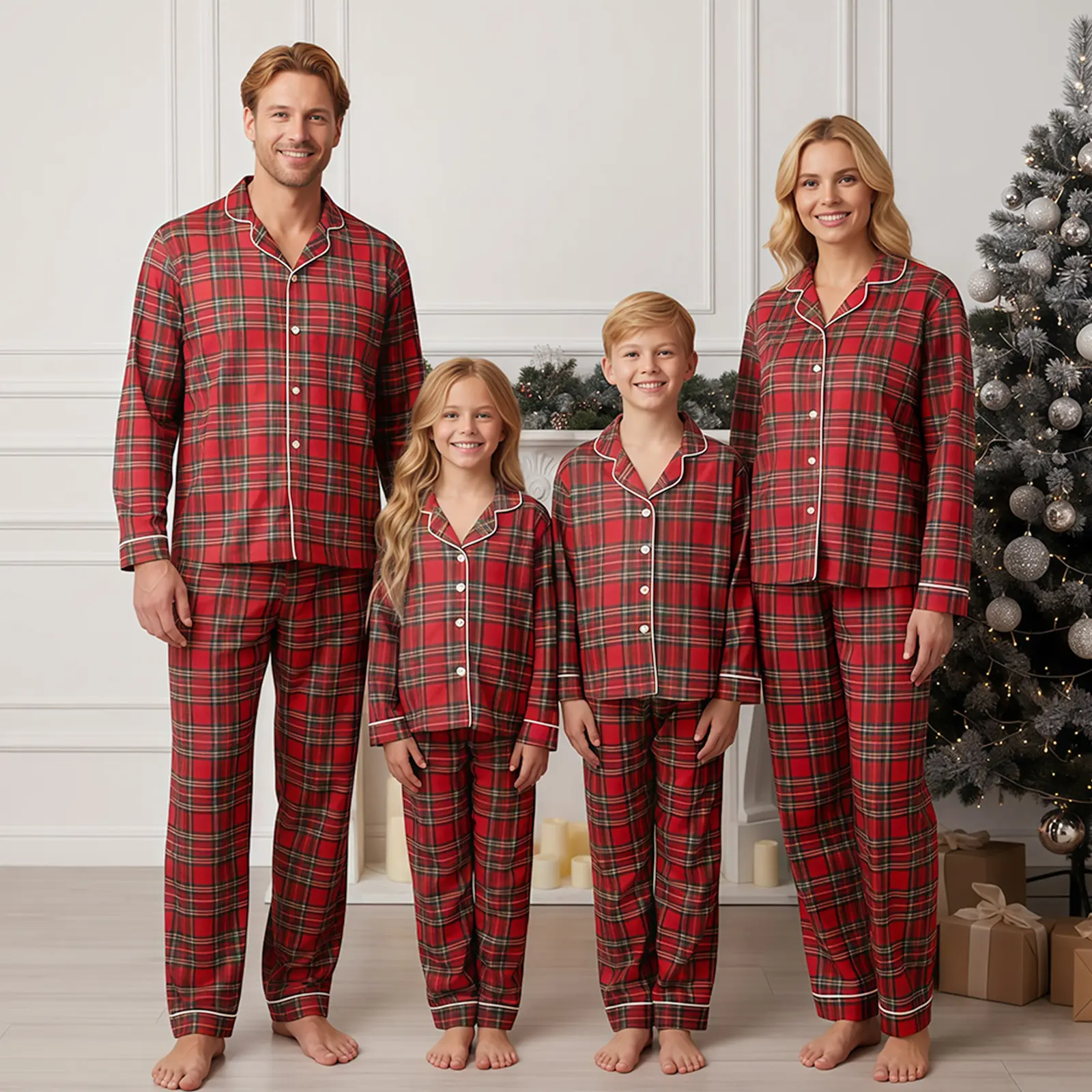 Christmas Matching Family Pajamas Set Classic Red Tartan Plaid Button Front Long Sleeve Sleep Outfit Holiday X‑mas PJs for Parents and Children