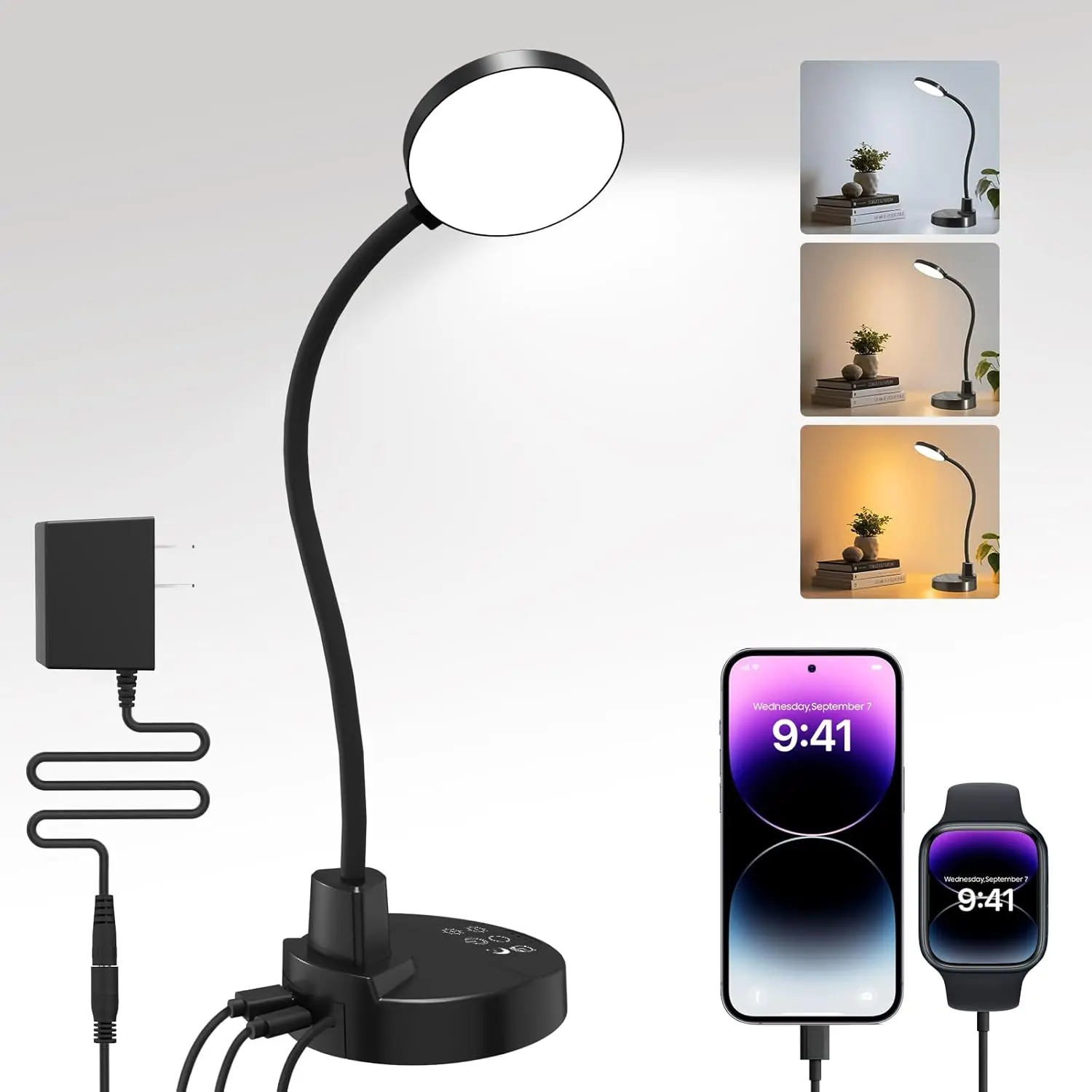 15W LED Desk Lamp with Silicone Flexible Gooseneck, Touch Control, USB Charging Ports - Dimmable Task Lamp with 3 Color Temps, 5 Brightness Levels, 4 Timers, Base, Eye-Caring Light for Home Office, Bedroom