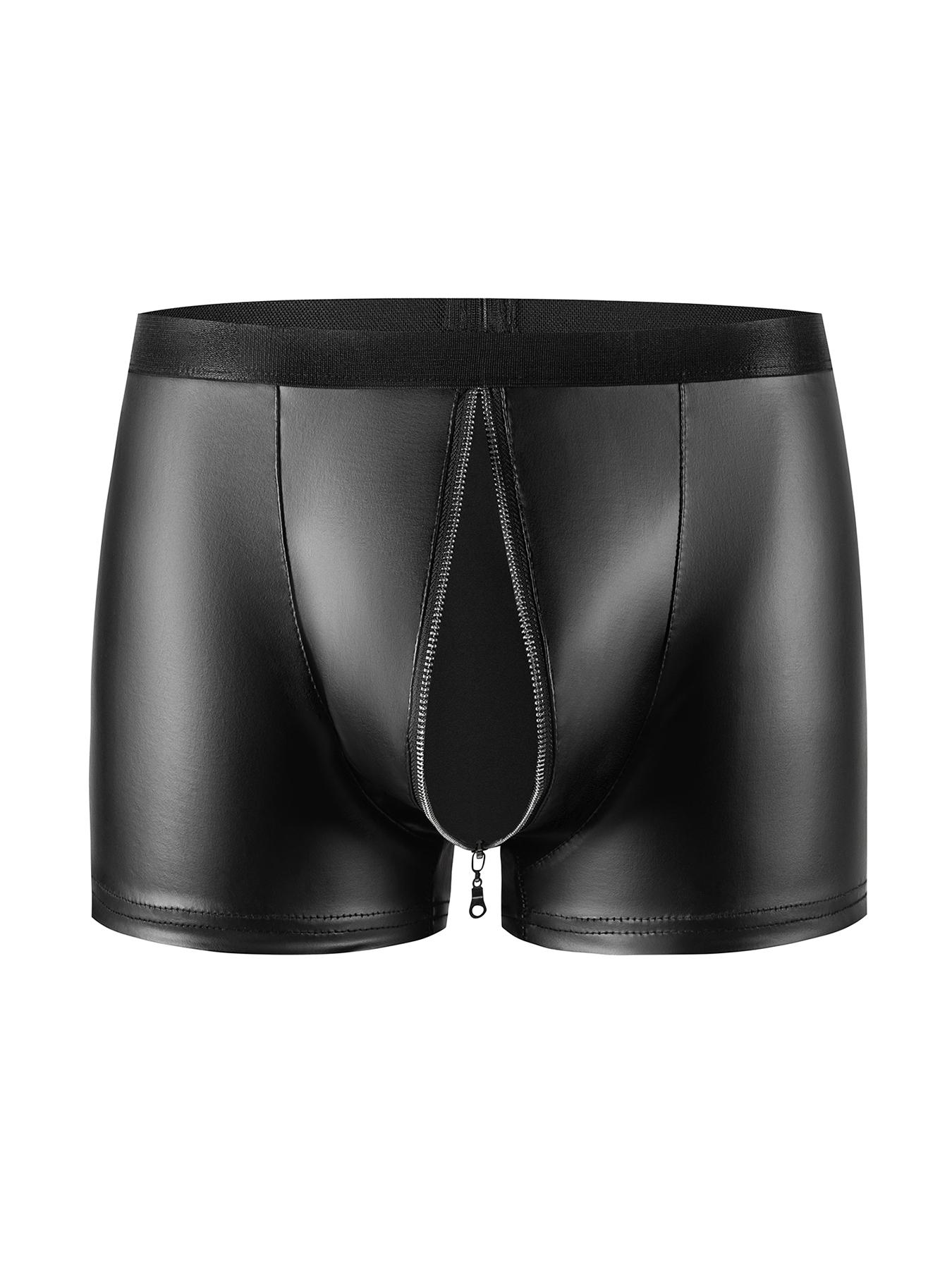 Men's Solid Color Zipper Open Crotch Boxer Briefs, Sexy Comfy Breathable PU Leather Underwear for Daily Wear, Fashion Men's Underwear for All Seasons