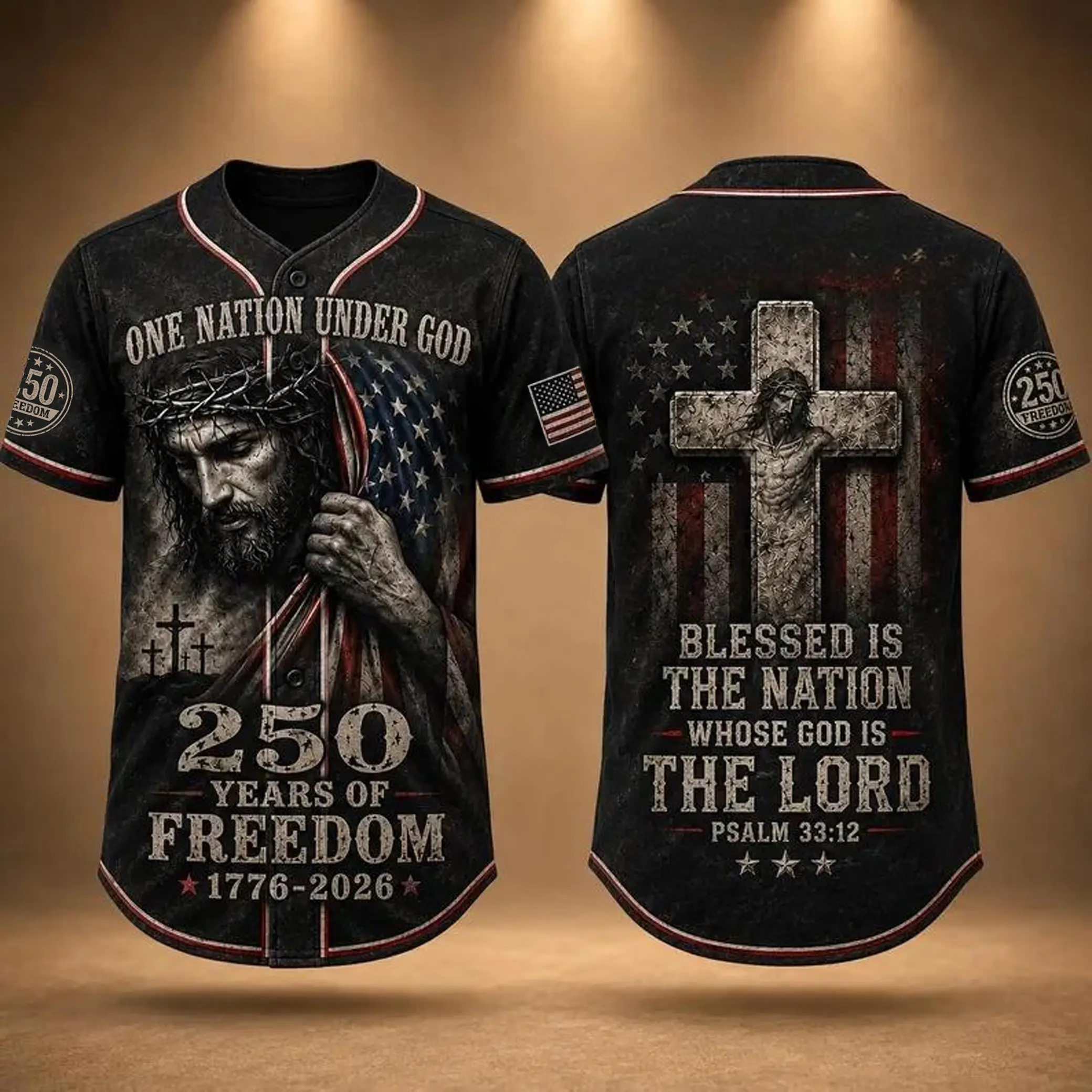 Patriotic Faith Baseball Jersey, Jesus Cross Vintage US Flag Print, 1776-2026 Freedom Themed Casual Holiday Gift # TikTokMadeMeBuyIt # USA250 # AmericanPride # Independence Day # Baseball Jersey