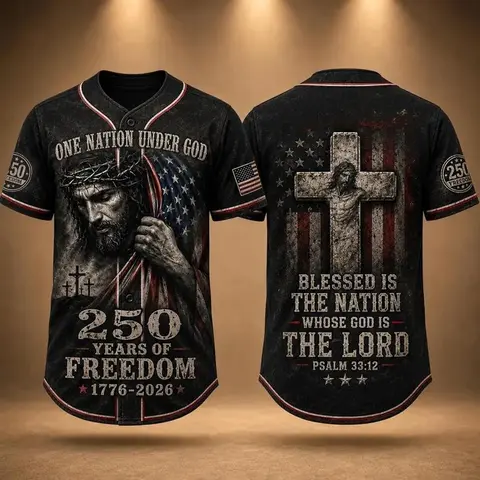 Patriotic Faith Baseball Jersey, Jesus Cross Vintage US Flag Print, 1776-2026 Freedom Themed Casual Holiday Gift # TikTokMadeMeBuyIt # USA250 # AmericanPride # Independence Day # Baseball Jersey