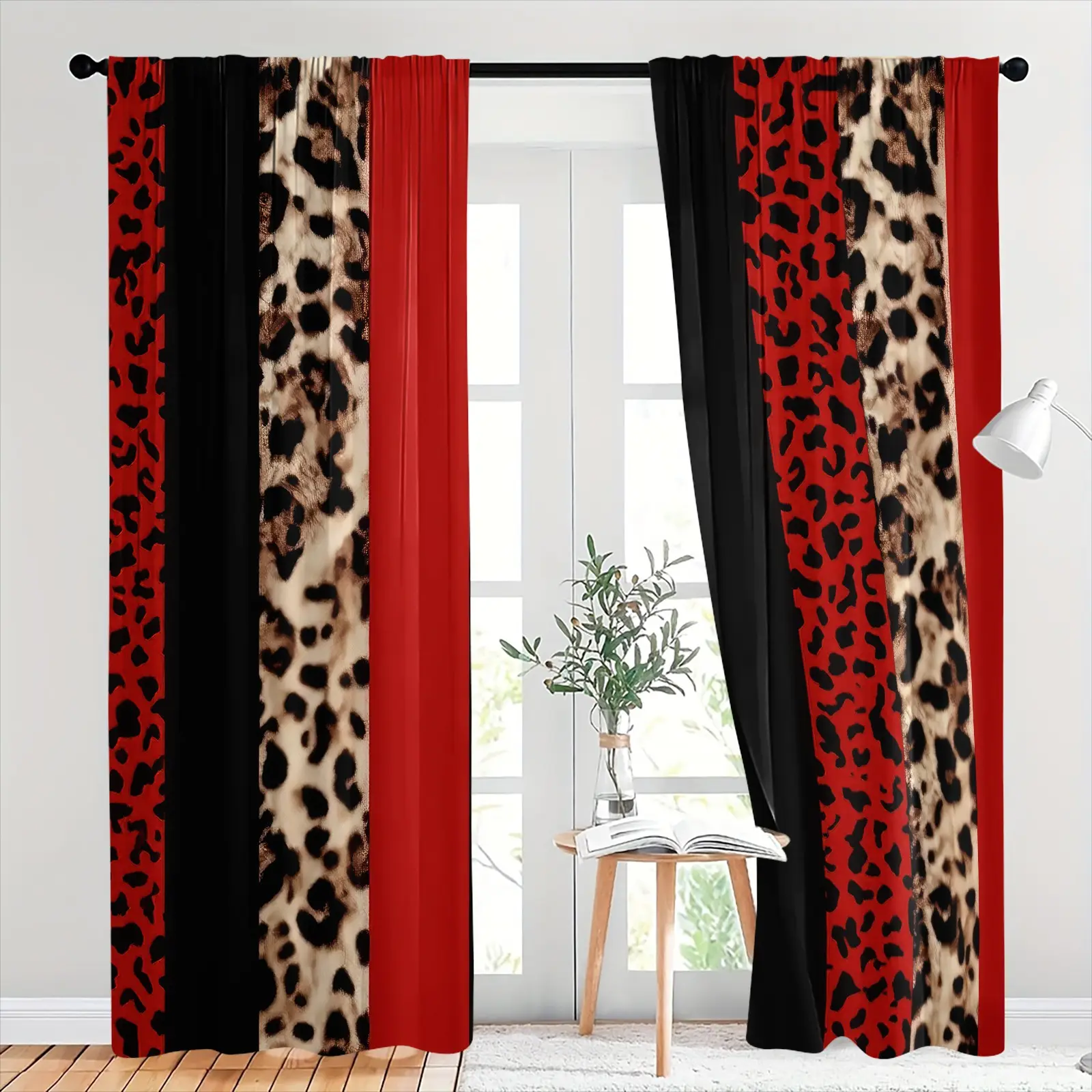Y2K Trend Rod Pocket Brushed Fabric Curtains 2 Panels, Vertical Striped Red Black Leopard Printed Window Curtains, Easy Clean Rod Pocket Hanging Drapes for Apartment, Home Decoration Curtain, Curtain for windows