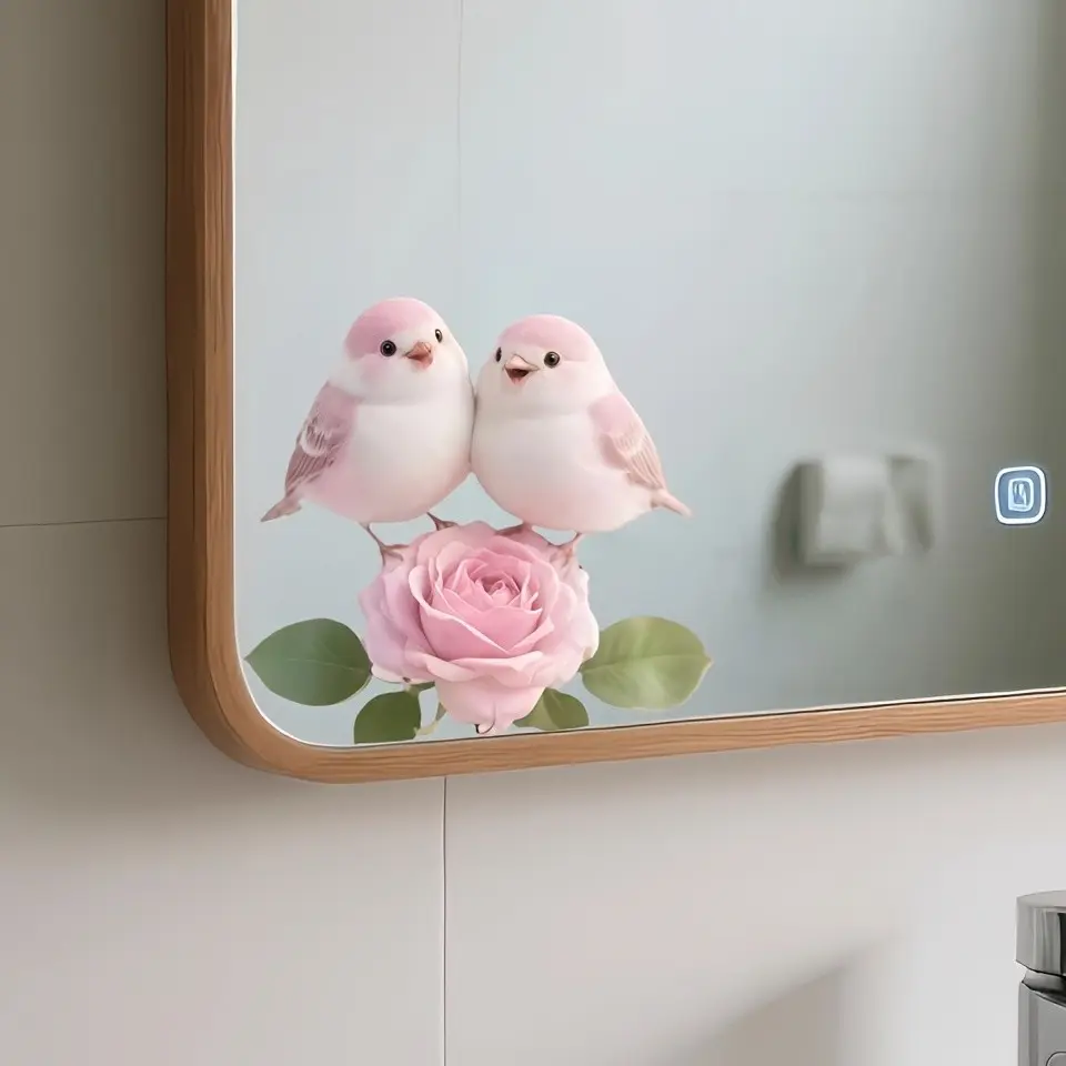 Rose and Bird Self-Stick Mirror Sticker, Decorative Sticker, Bathroom Mirror Decor, Tile Decoration, Fantasy Home Decor, Elegant Mirror Ornament