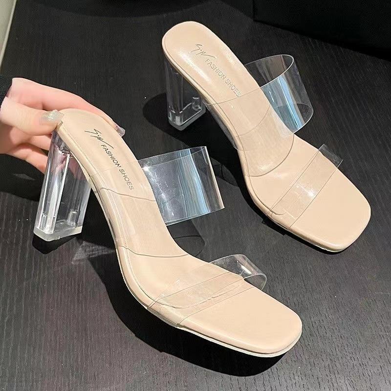 Plus Size Transparent High Heeled Shoes for Women Summer One Strap High Heeled Slippers Crystal Heel Chunky Heel Sandals